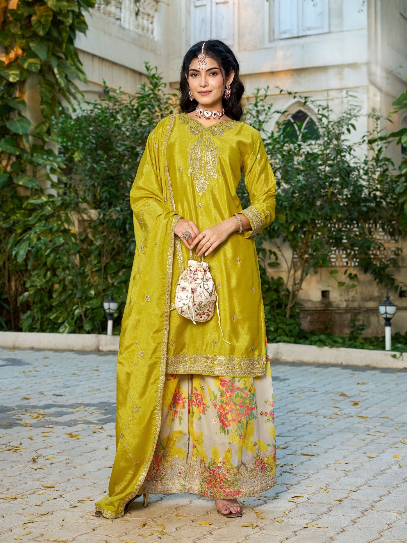 Yellow Chinon Designer Suit Set With Elegant Embroidery