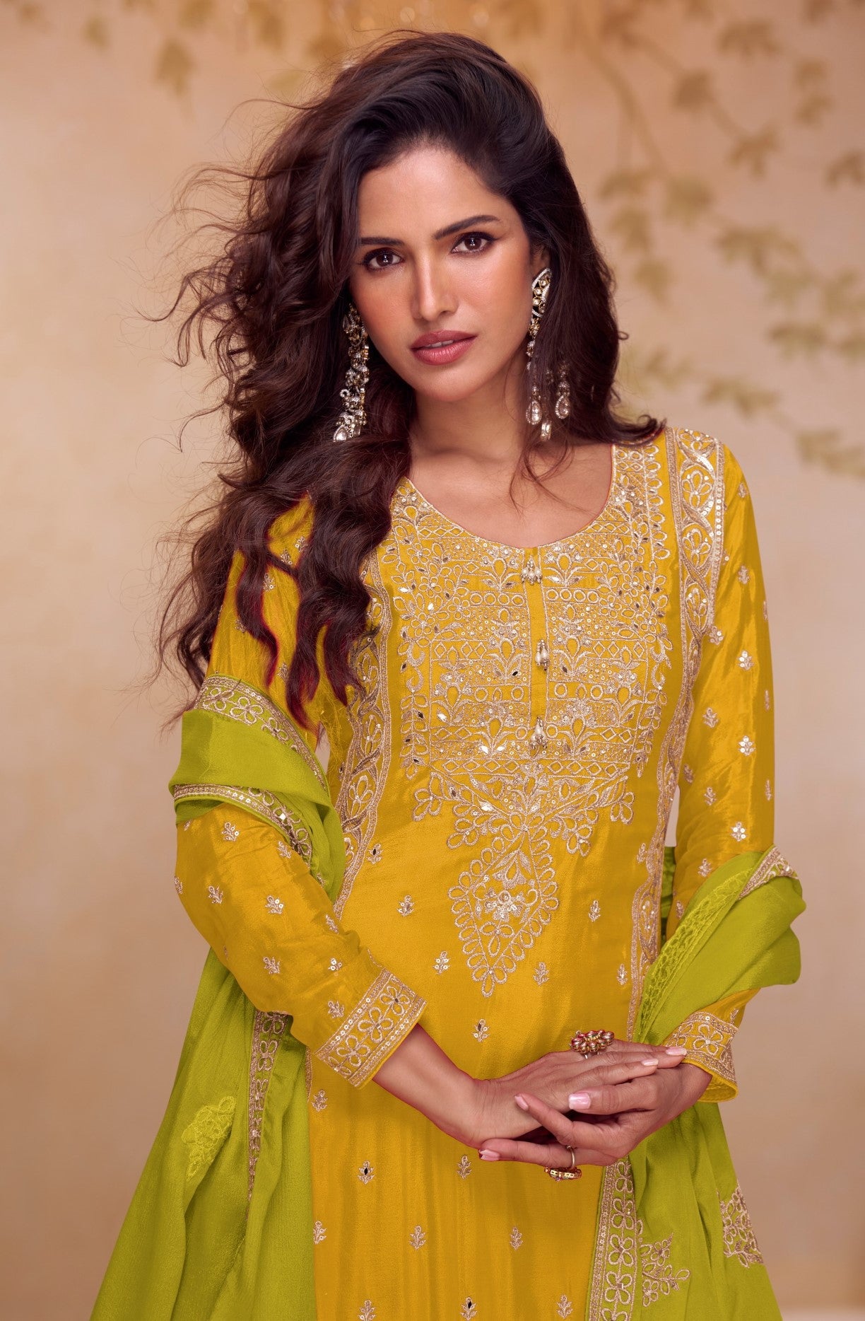 Yellow Chinon Designer Suit Set With Elegant Embroidery