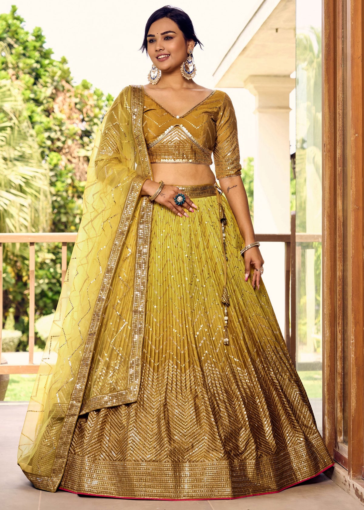 Yellow Chinon Lehenga Choli With Sequins, Thread Embroidery Work