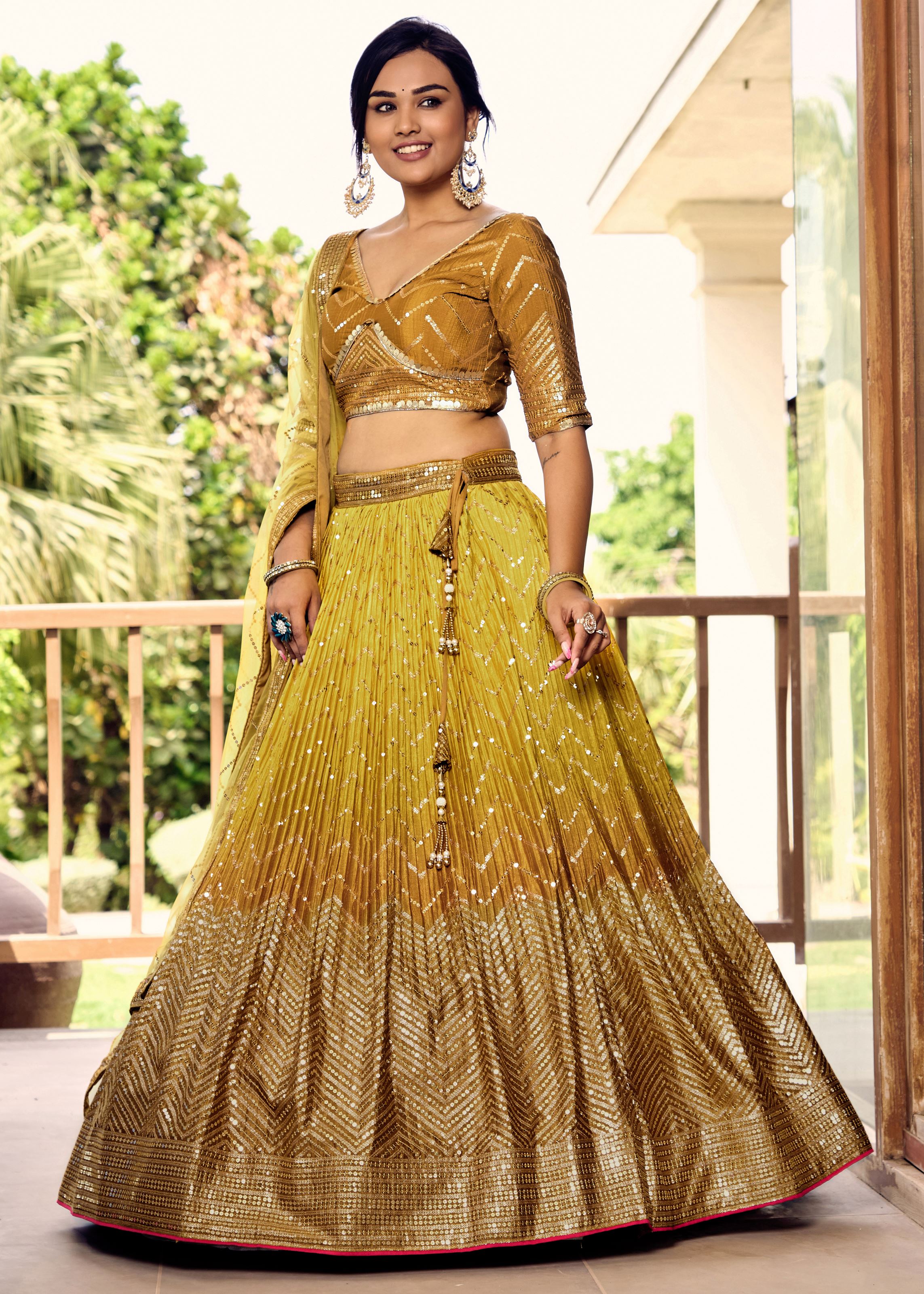 Yellow Chinon Lehenga Choli With Sequins, Thread Embroidery Work