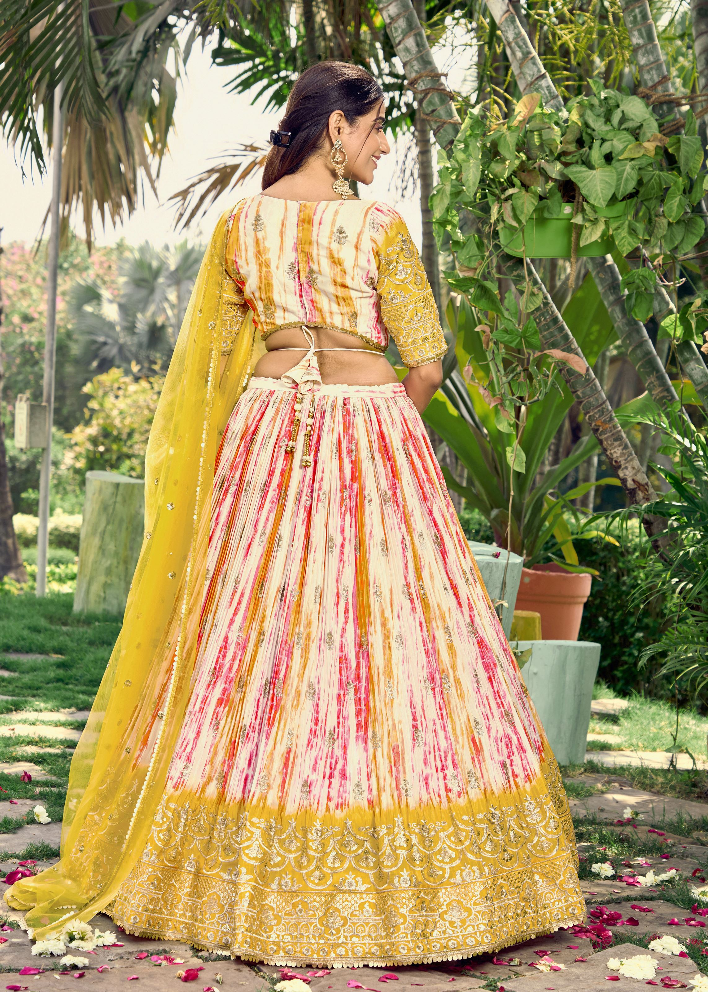 Yellow Chinon Lehenga Choli With Sequins, Zari Embroidery Work with Digital Print