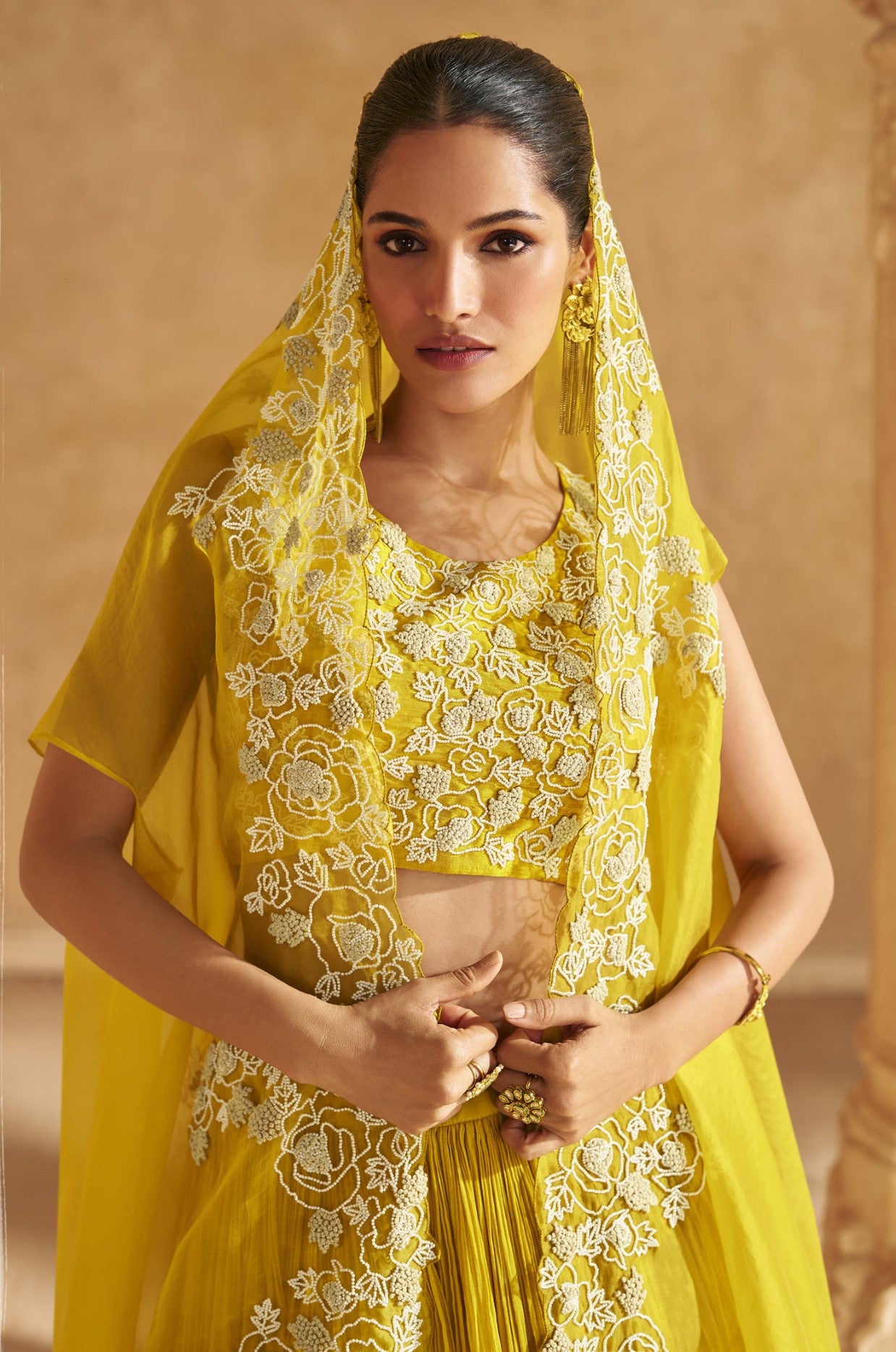 Yellow Chinon Silk Lehenga Choli With Handwork Jacket