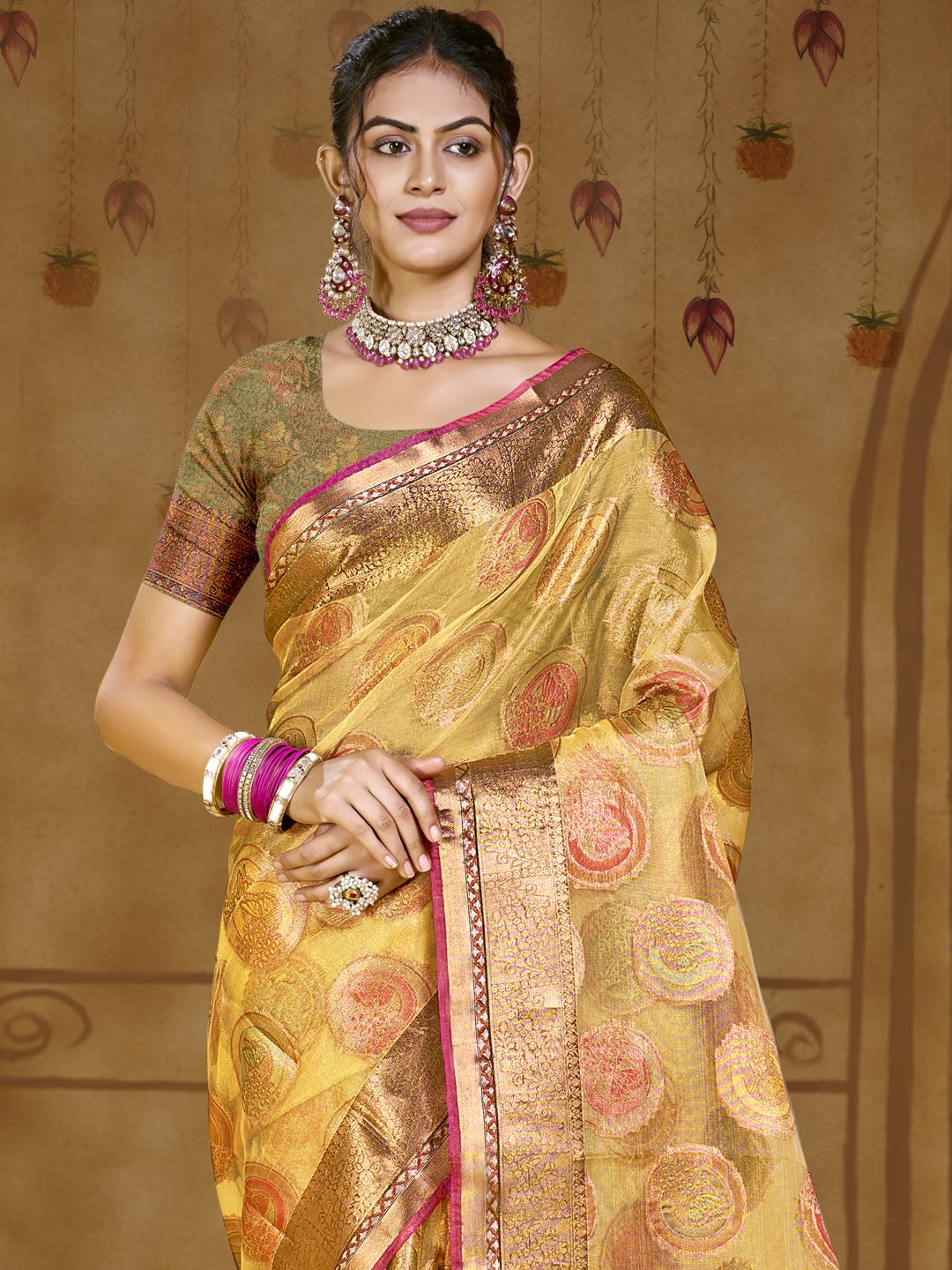 Yellow Color Organza Silk Saree