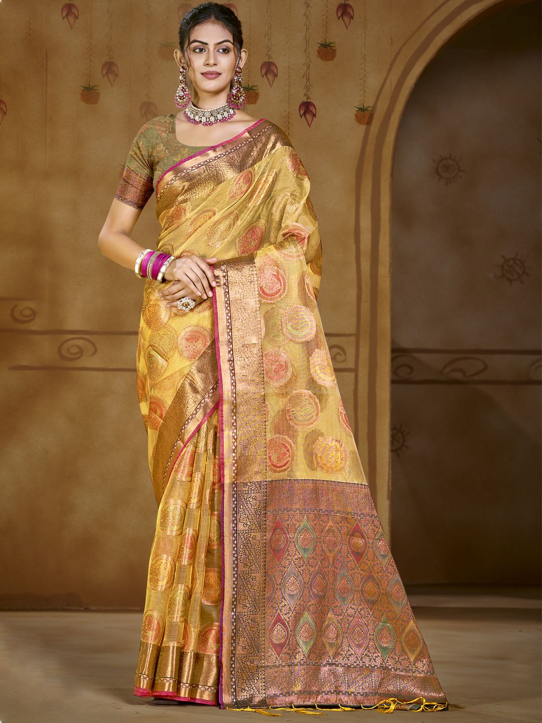 Yellow Color Organza Silk Saree
