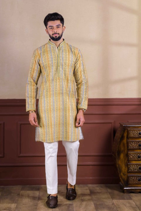Yellow Cotton Blend Kurta Pajama with Abstract Print