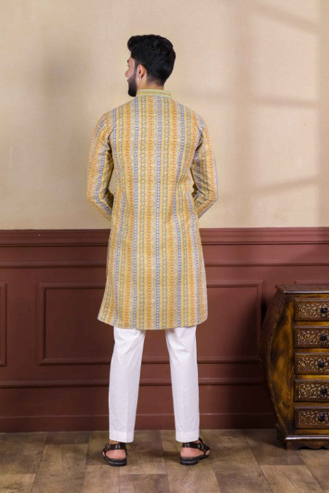 Yellow Cotton Blend Kurta Pajama with Abstract Print