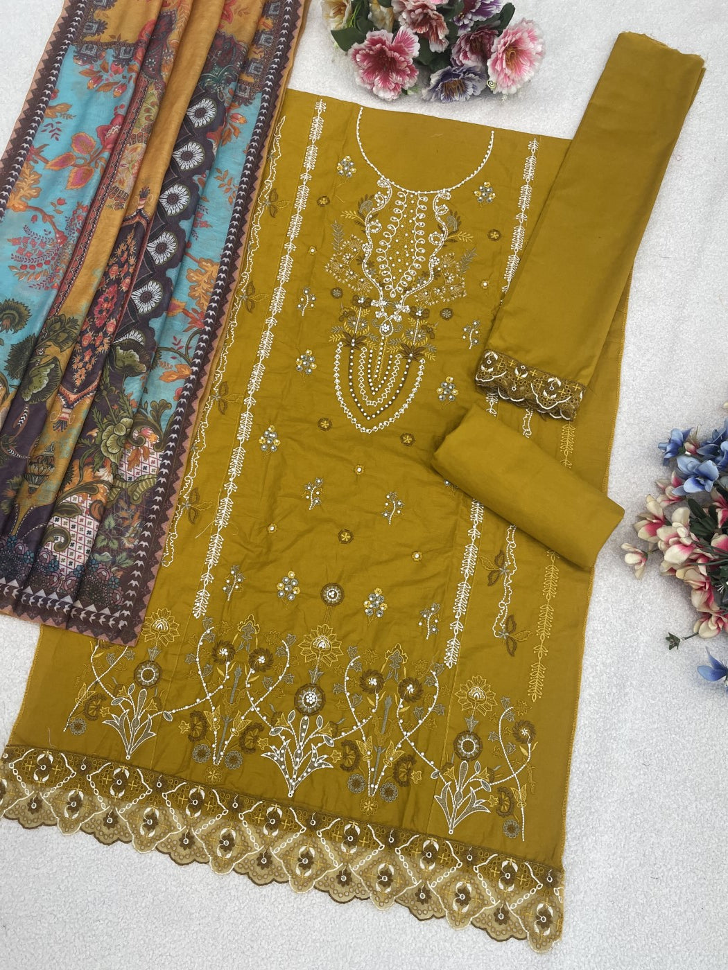 Yellow Cotton Designer Suit Set With Elegant Embroidery