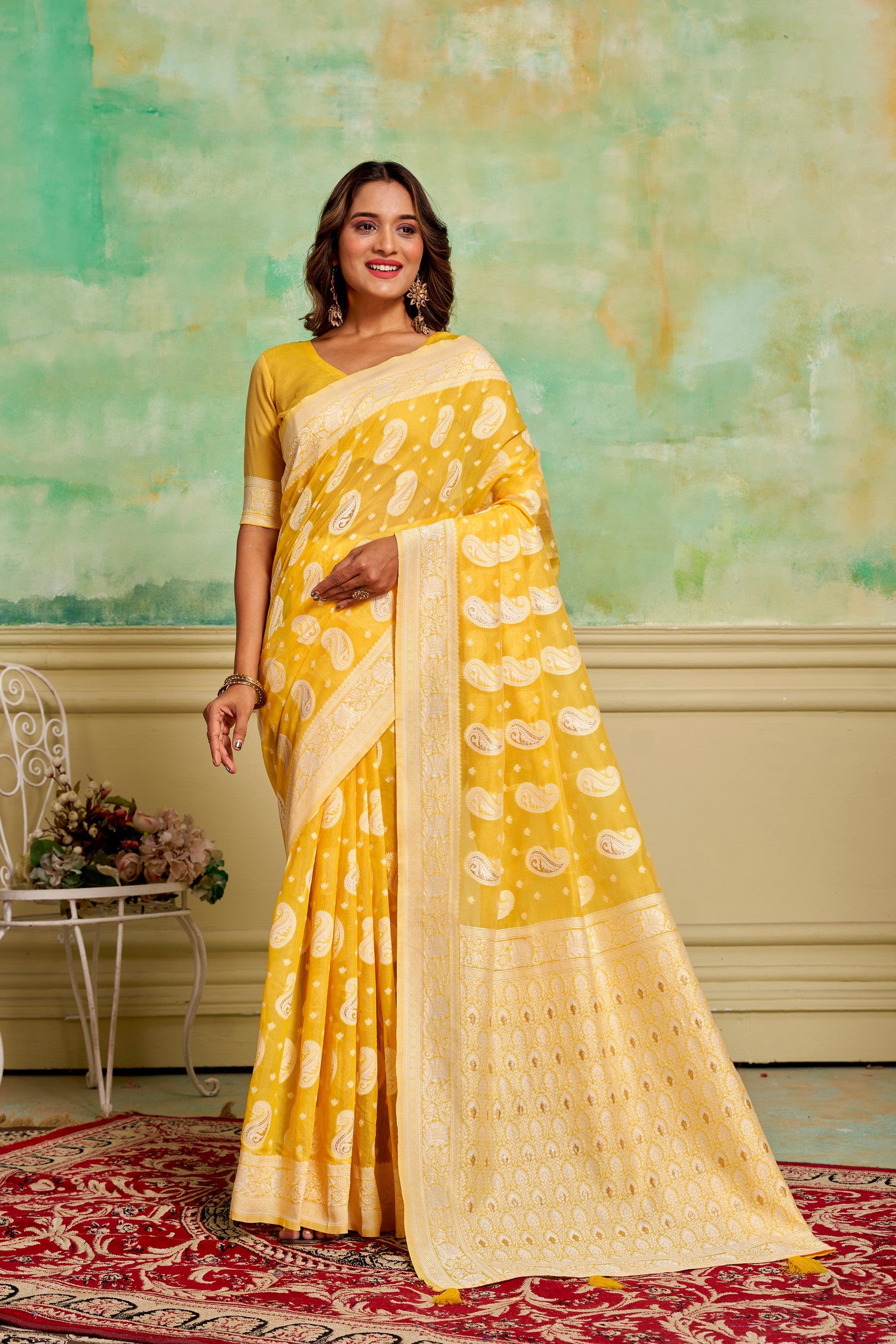 Yellow Cotton Fabric Woven Designer Ethnic Festive Wear Saree