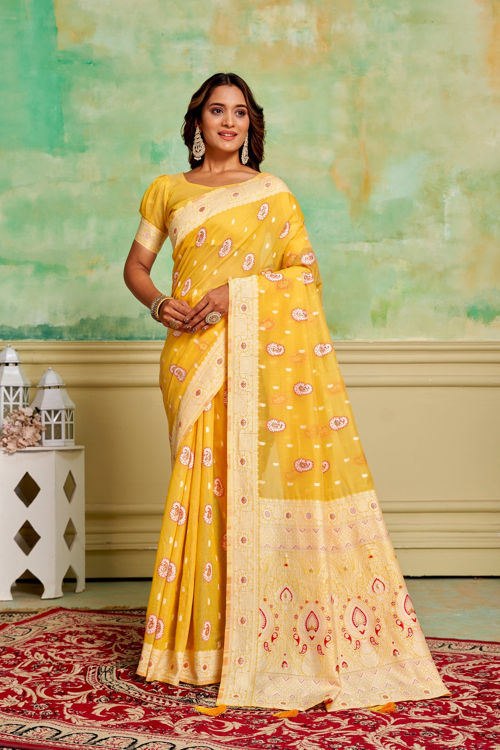 Yellow Cotton Fabric Woven Designer Ethnic Festive Wear Saree