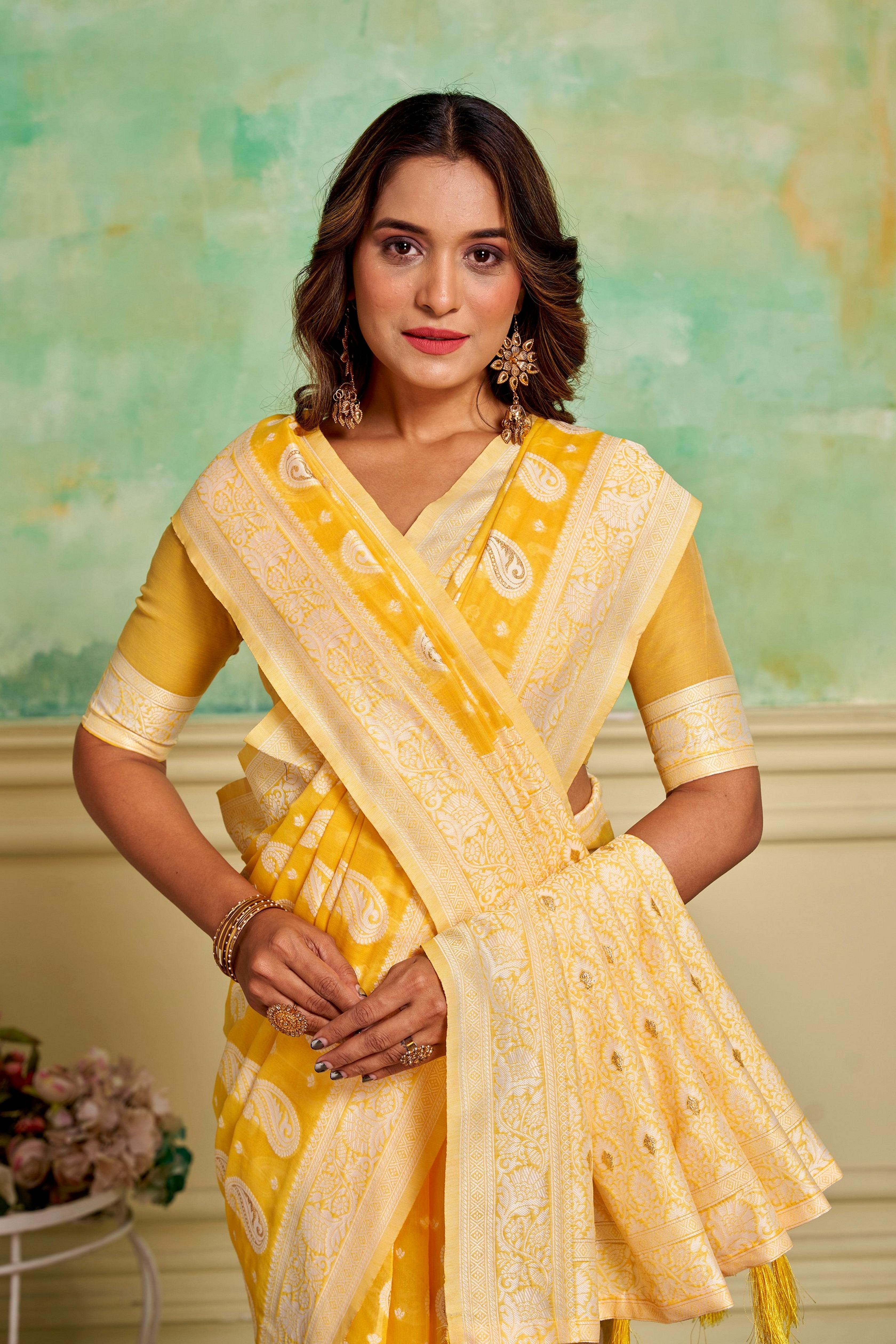 Yellow Cotton Fabric Woven Designer Ethnic Festive Wear Saree