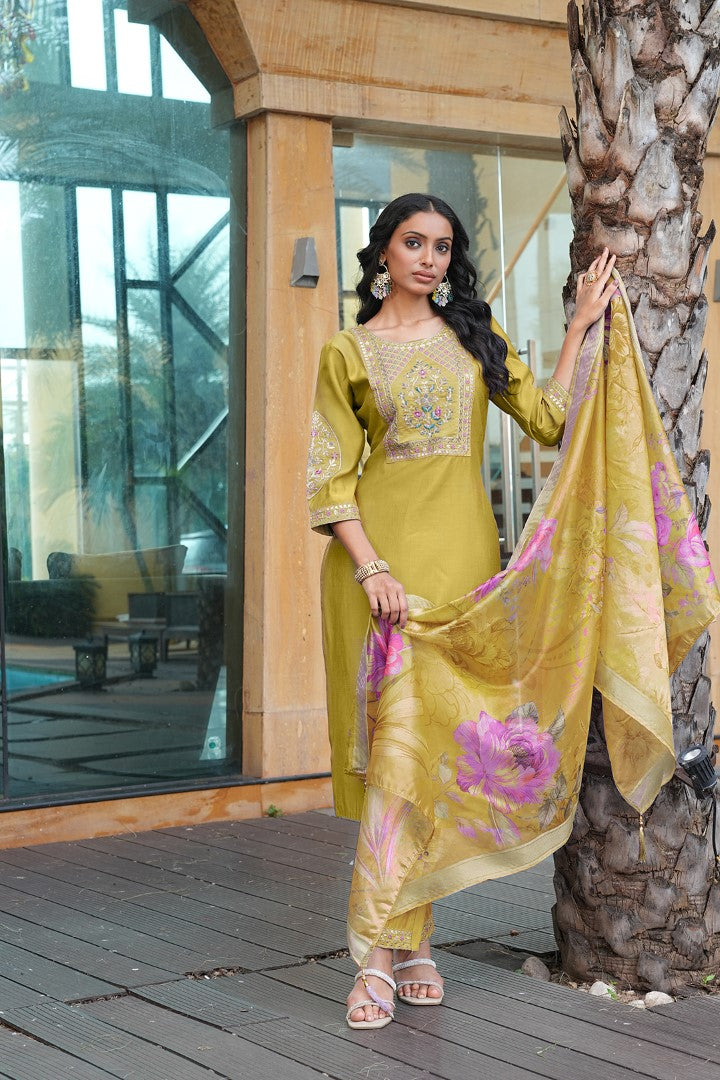 Yellow Cotton Silk Designer Suit Set With Artisan Embroidery