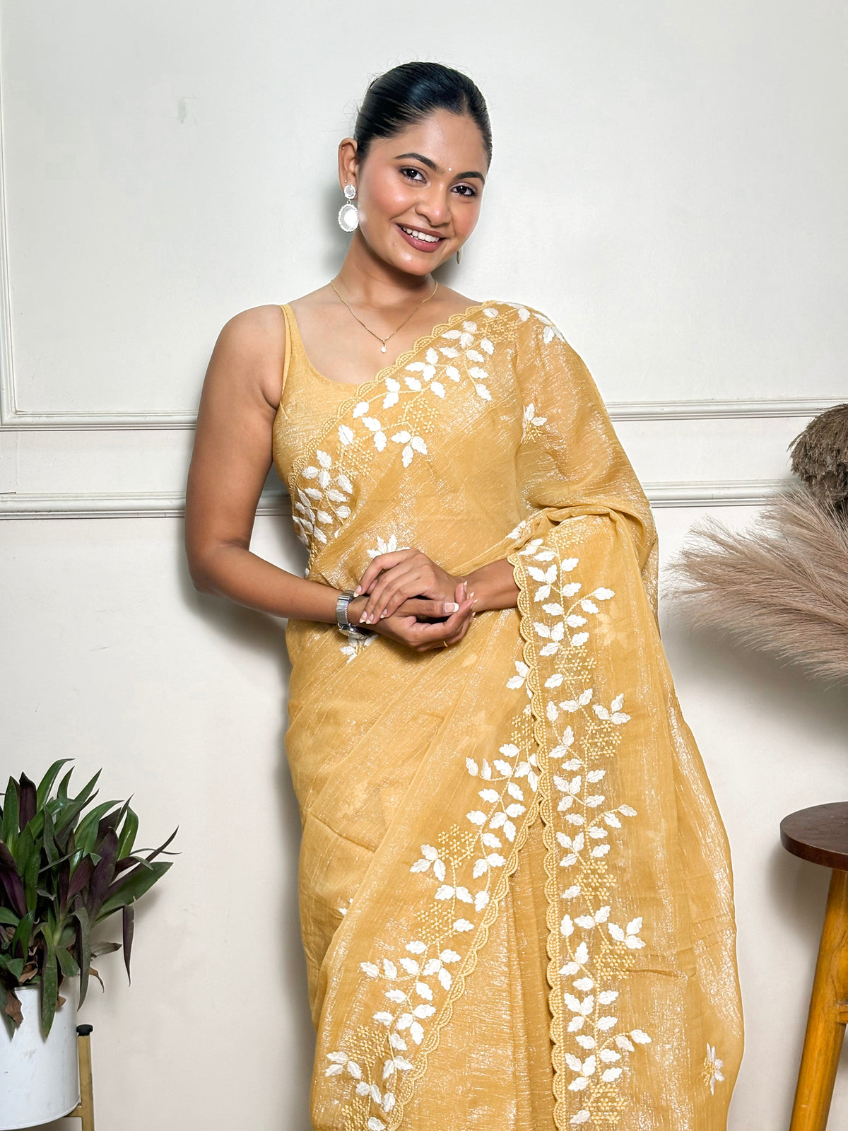 Yellow Crunchy Ethnic Beautiful Embroidered Saree