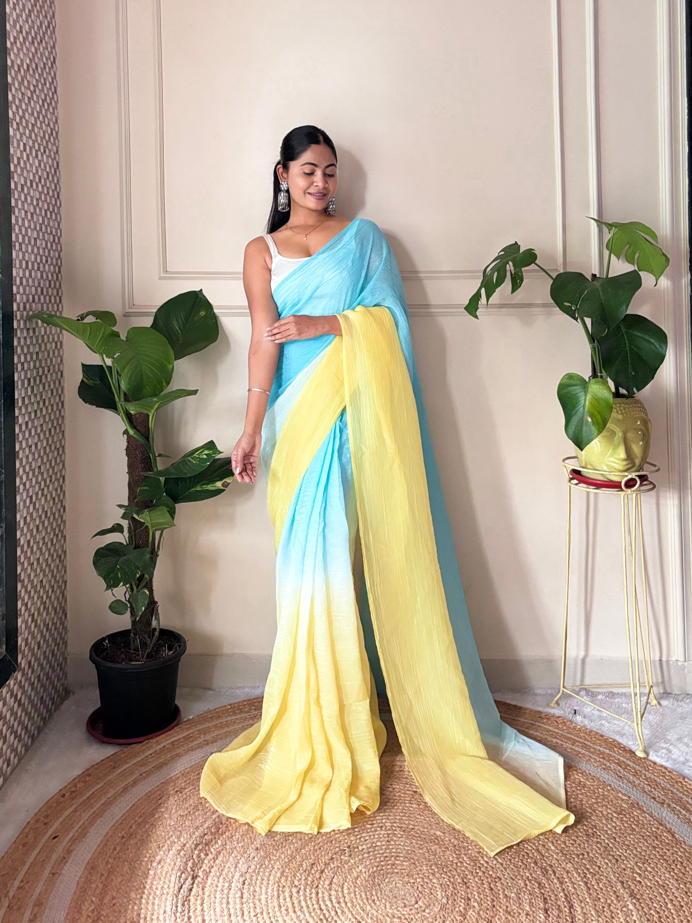 Yellow Crunchy Pedding Solid Bollywood Style Ready To Wear Saree