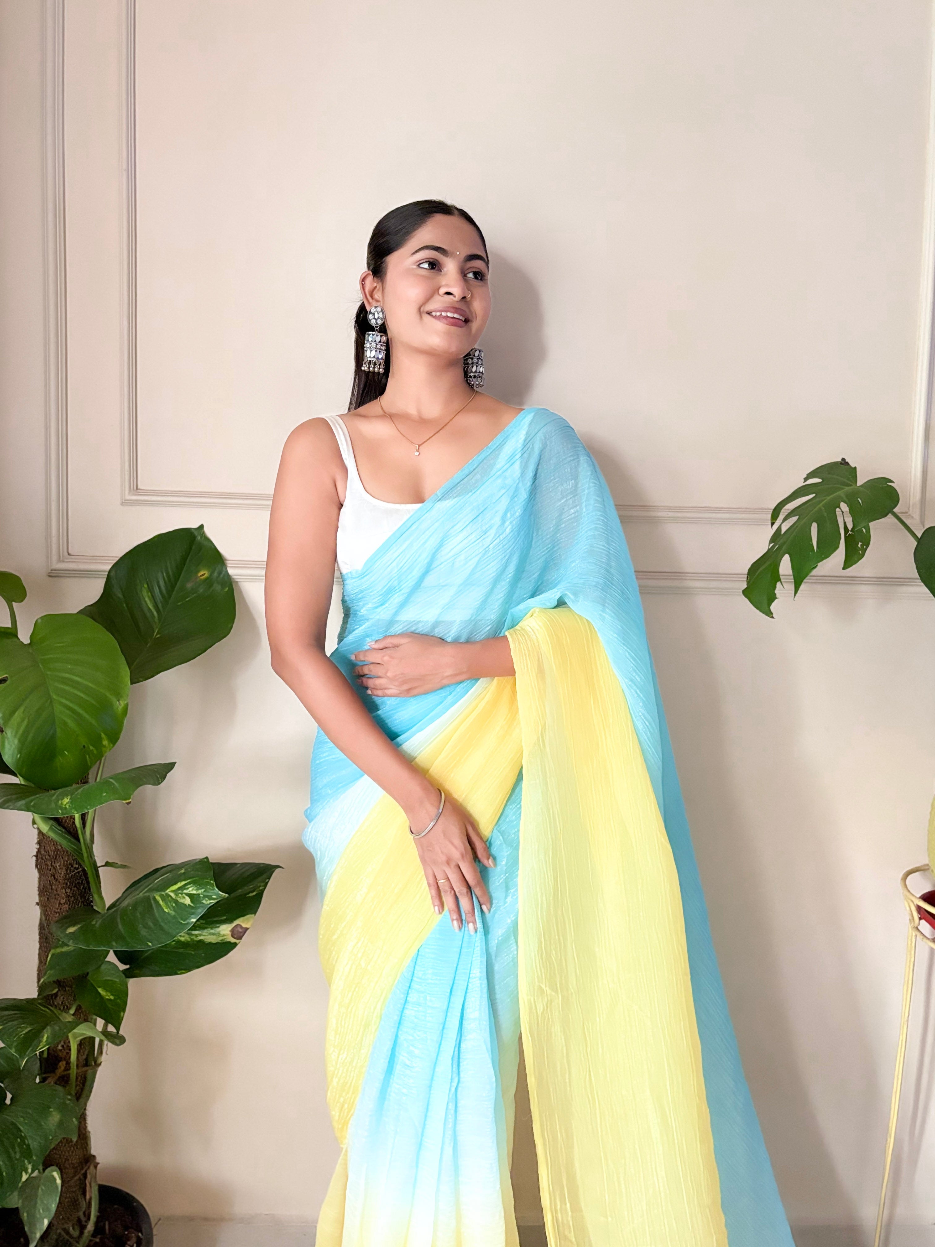 Yellow Crunchy Pedding Solid Bollywood Style Ready To Wear Saree