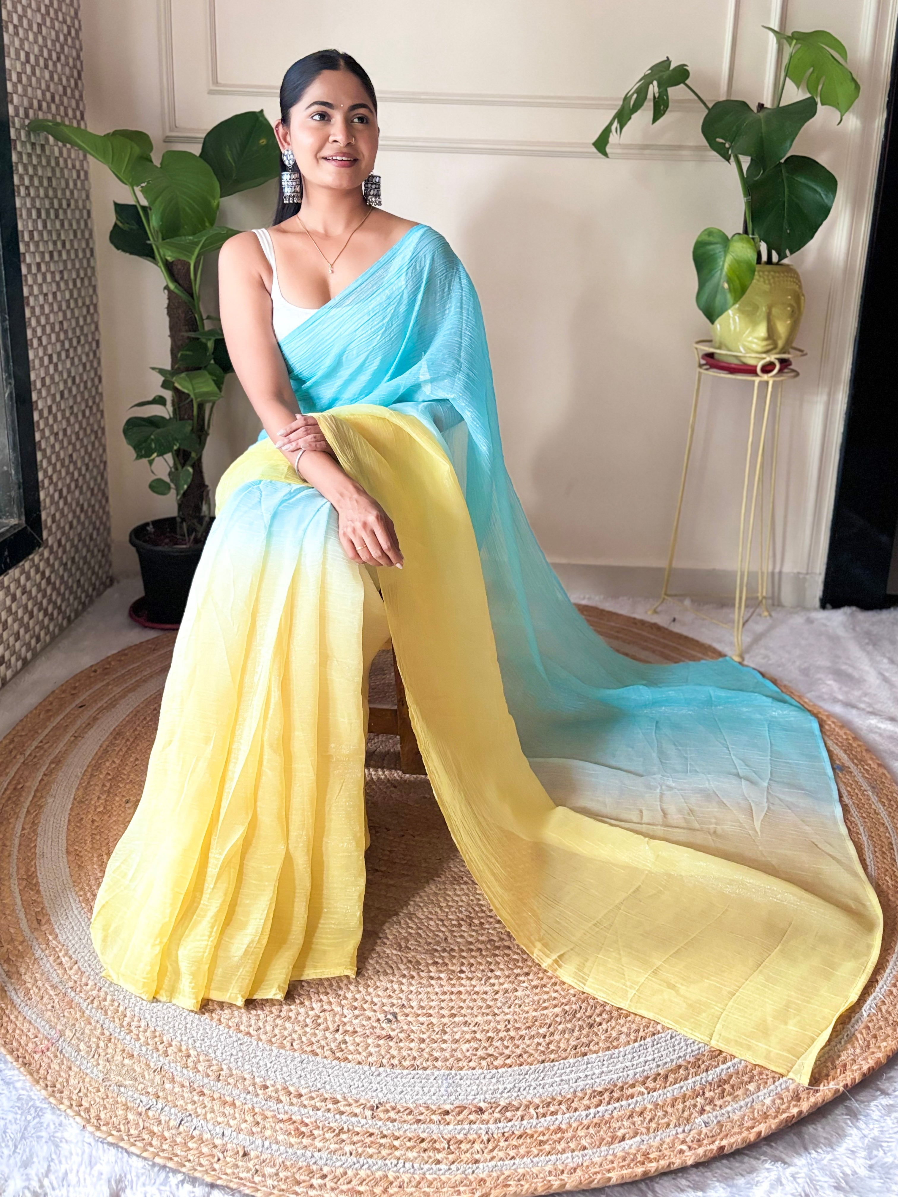 Yellow Crunchy Pedding Solid Bollywood Style Ready To Wear Saree