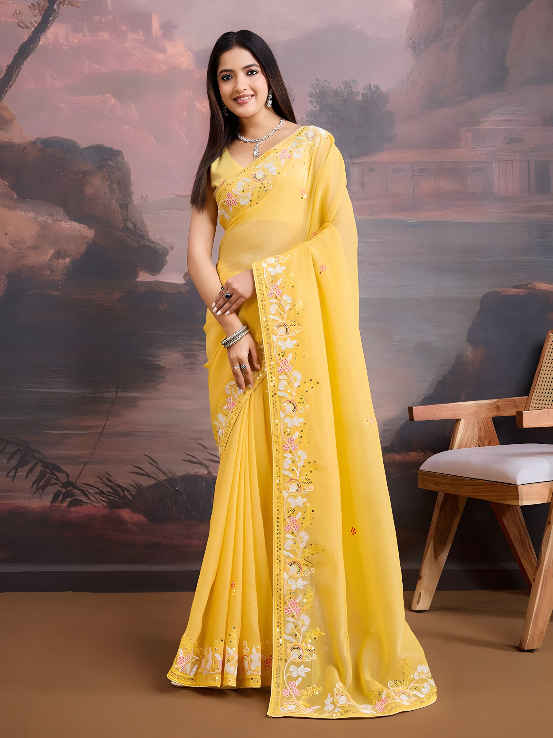 Yellow Curnchy Soft Organza Saree with C Pallu Embroidery work border