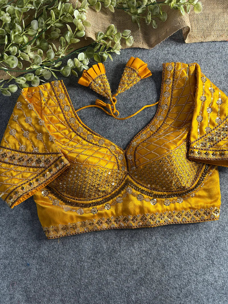Yellow Designer Bridal Blouse with Heavy Stars, Beads & Sequins Work Italian Silk