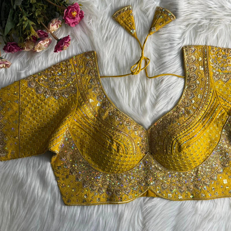 Yellow Designer Bridal Blouse with Heavy Stars, Rainbow & Sequins Work Roman Silk