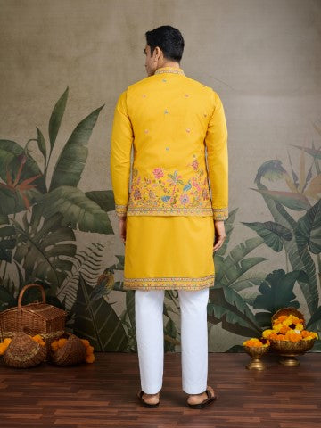 Yellow Embroidered Kurta with Jacket for Ceremonial Look