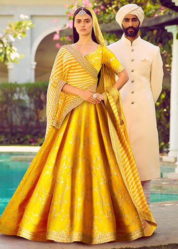 Yellow Embroidery Mulberry Silk Wedding Lehenga Choli