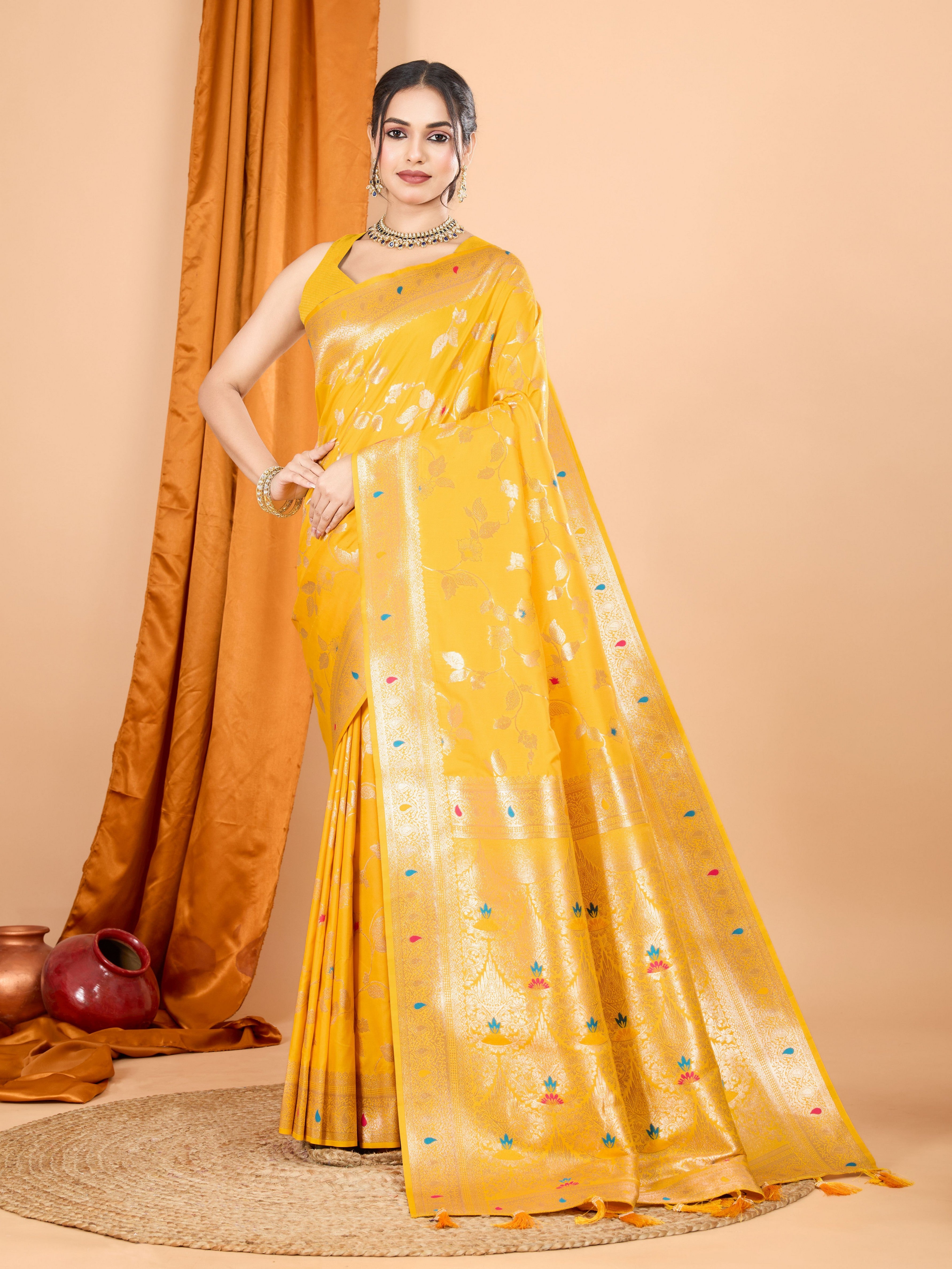 Yellow Ethnic Banarasi Silk Saree With Woven Jari Designer Work