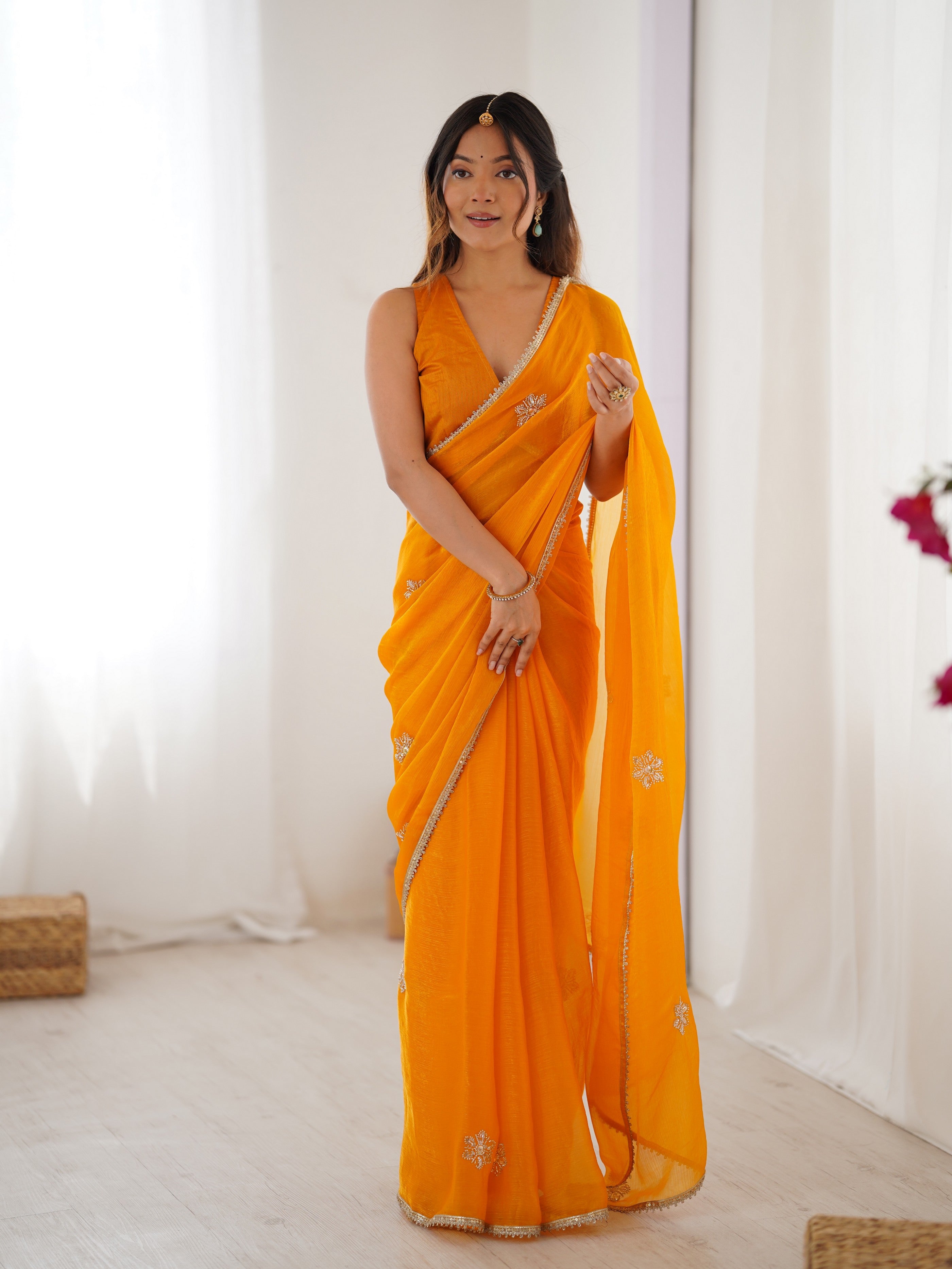 Yellow Fendy Designer Beads Moti And Val Sequance Work Partywear Saree