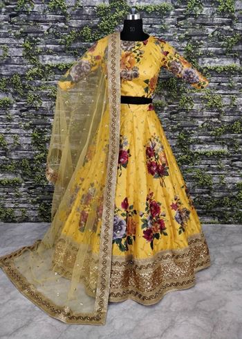 Yellow Floral Digital Printed Art Silk Bridal Lehenga Choli
