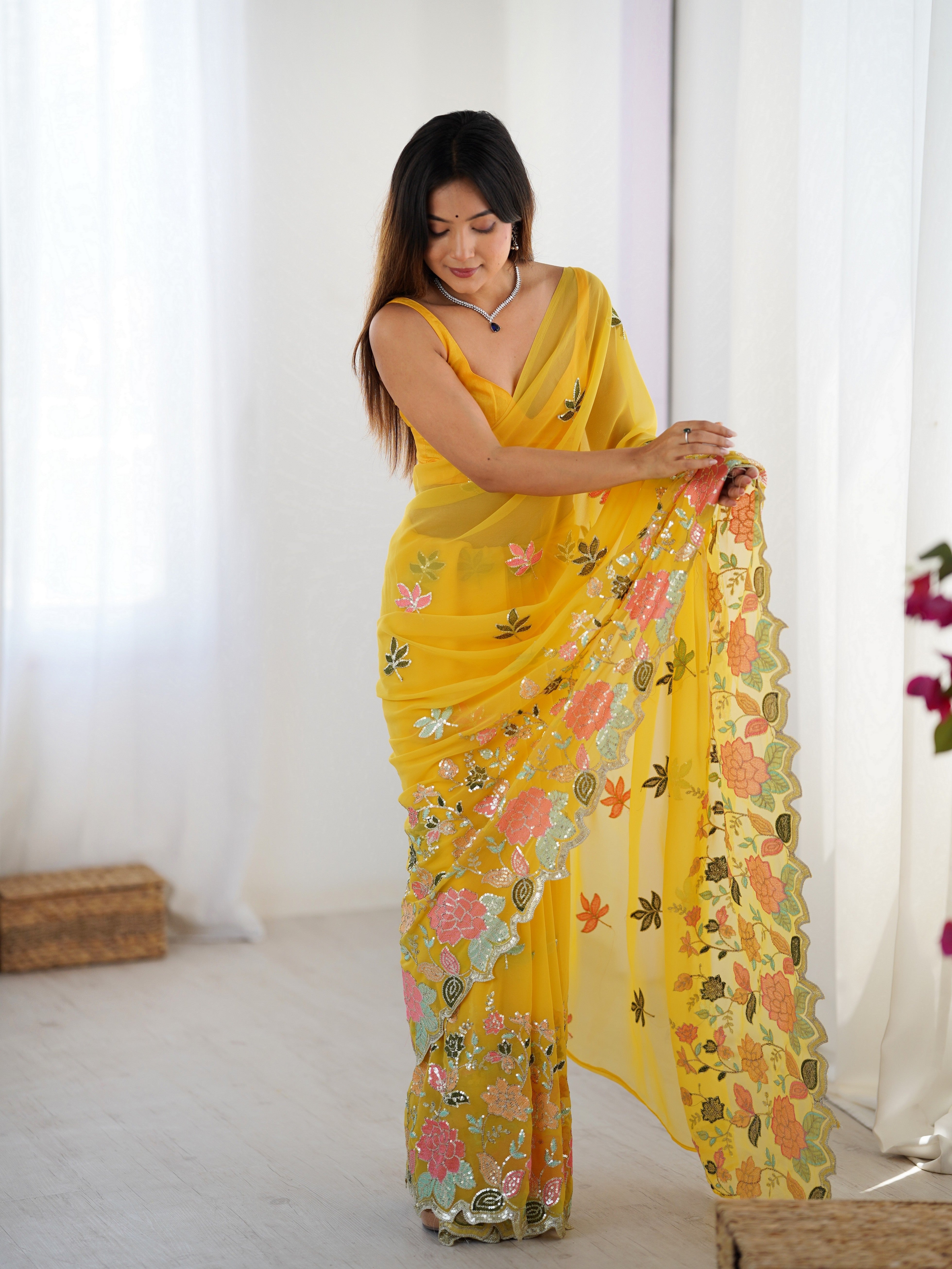 Yellow Floral Embroidered Sequins Work Partywear Saree