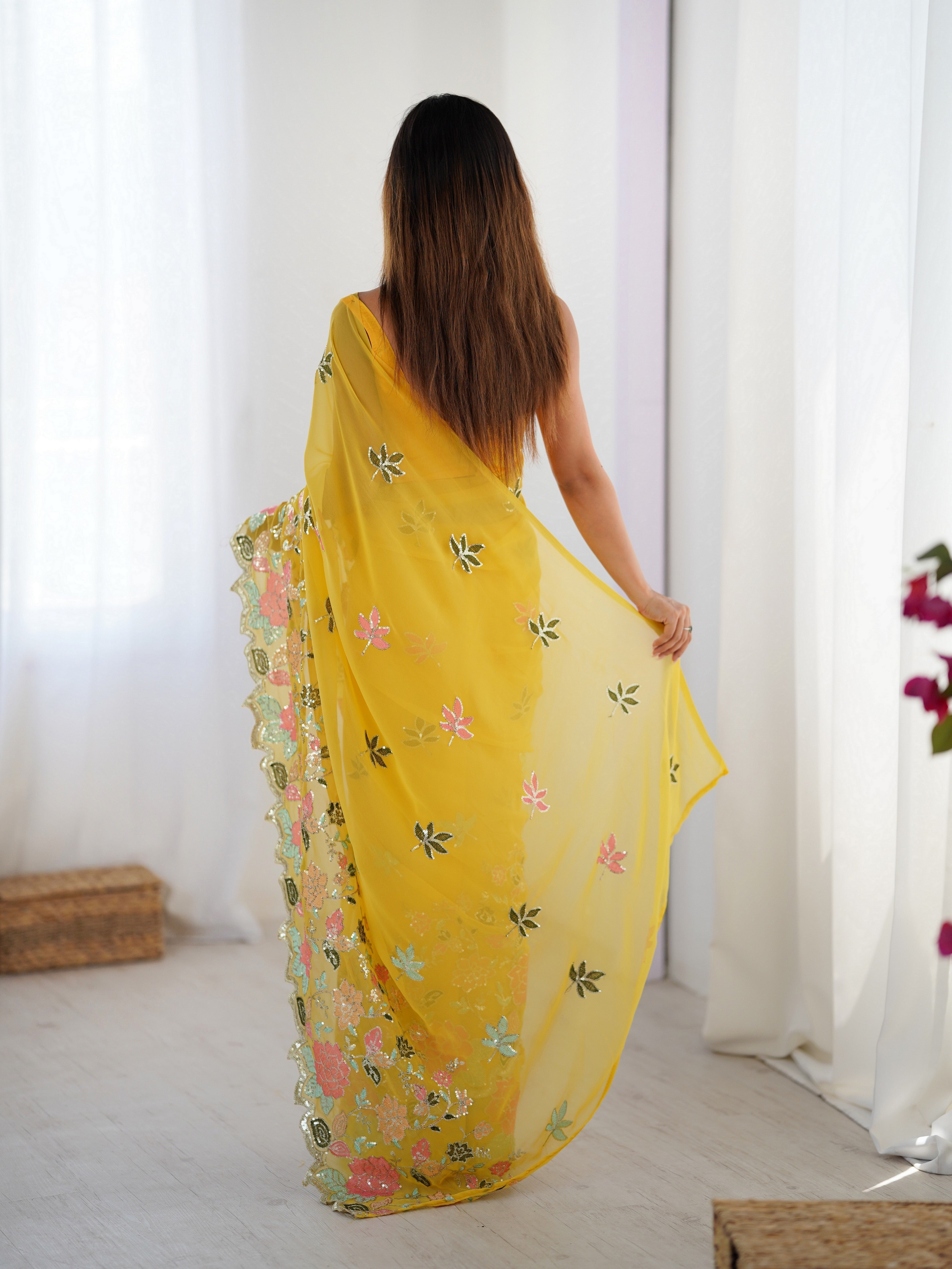 Yellow Floral Embroidered Sequins Work Partywear Saree