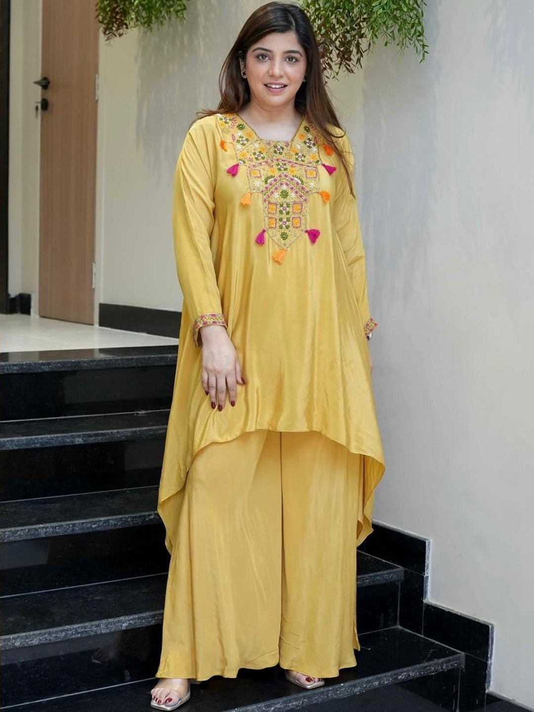 Yellow French Crepe Co-Ord Set With Heavy Thread Embroidery Work