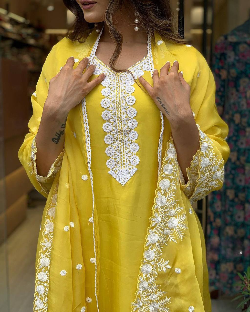 Yellow Georgette Kurta Pant With Embroidery Work