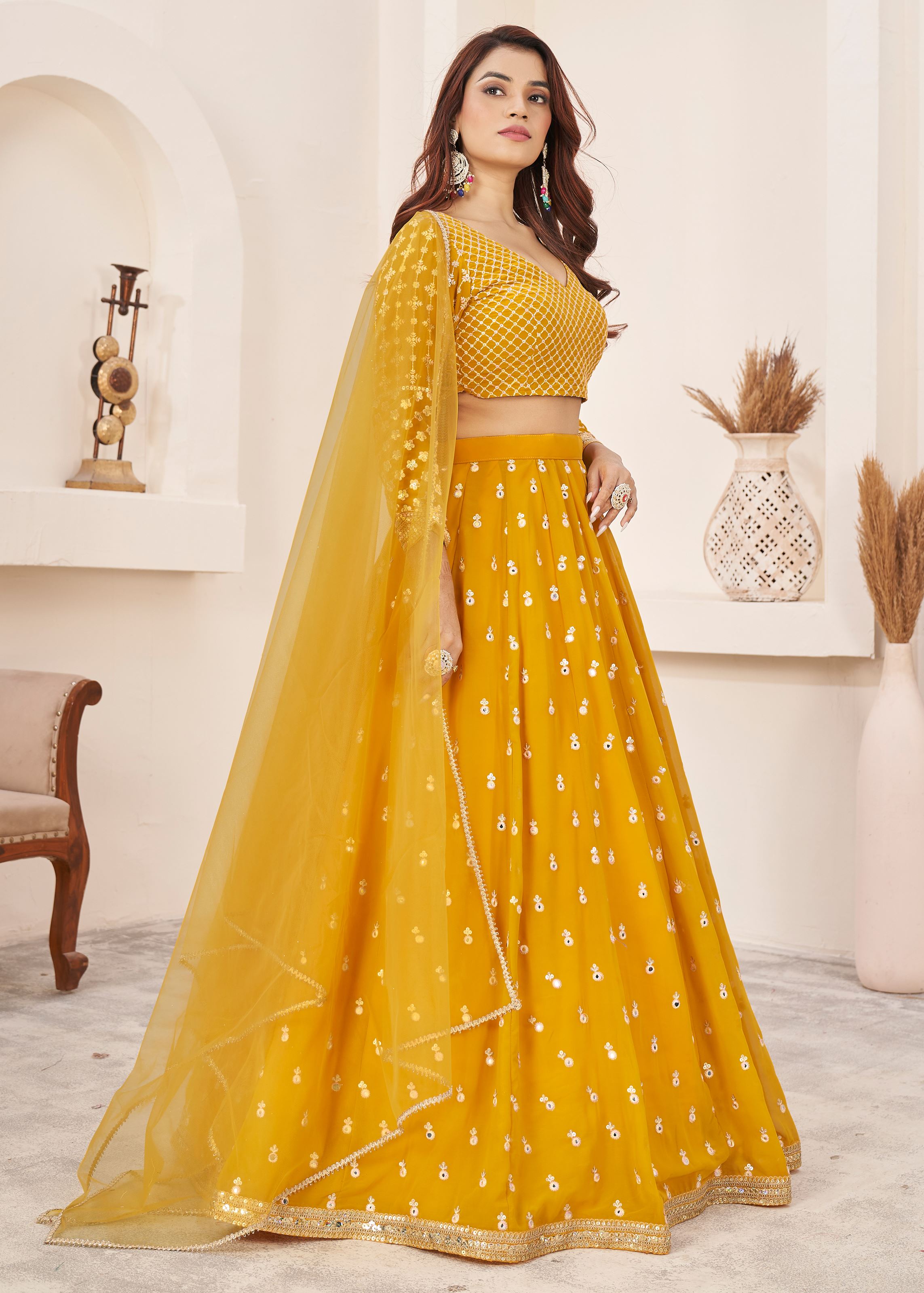 Yellow Georgette Lehenga Choli With Multi Colored Thread with Sequins Embroidered Work