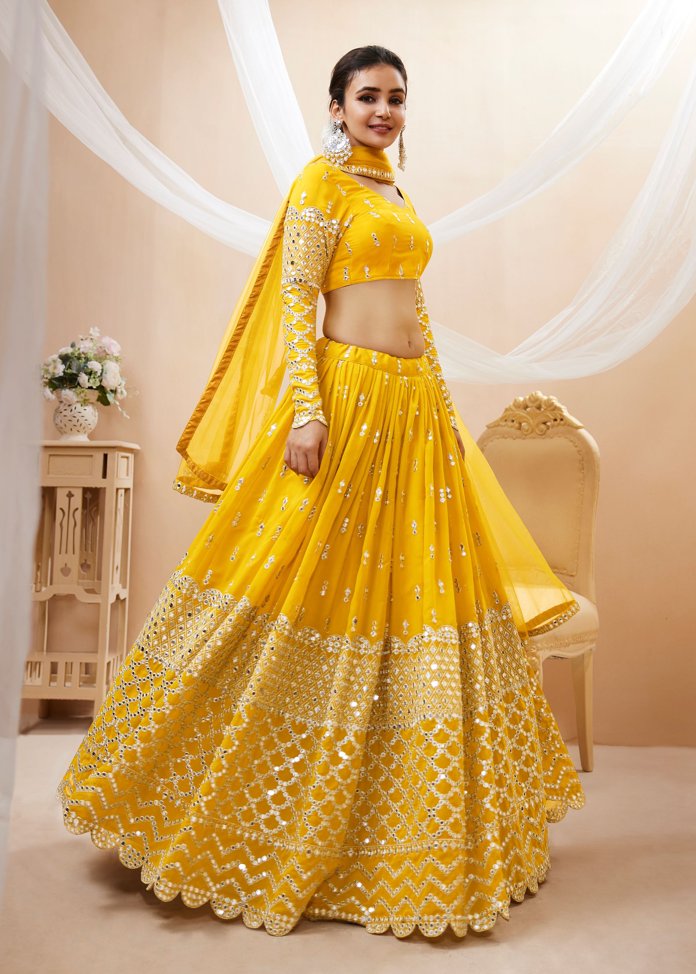 Yellow Georgette Lehenga Choli With Sequins Zari Embroidered Work
