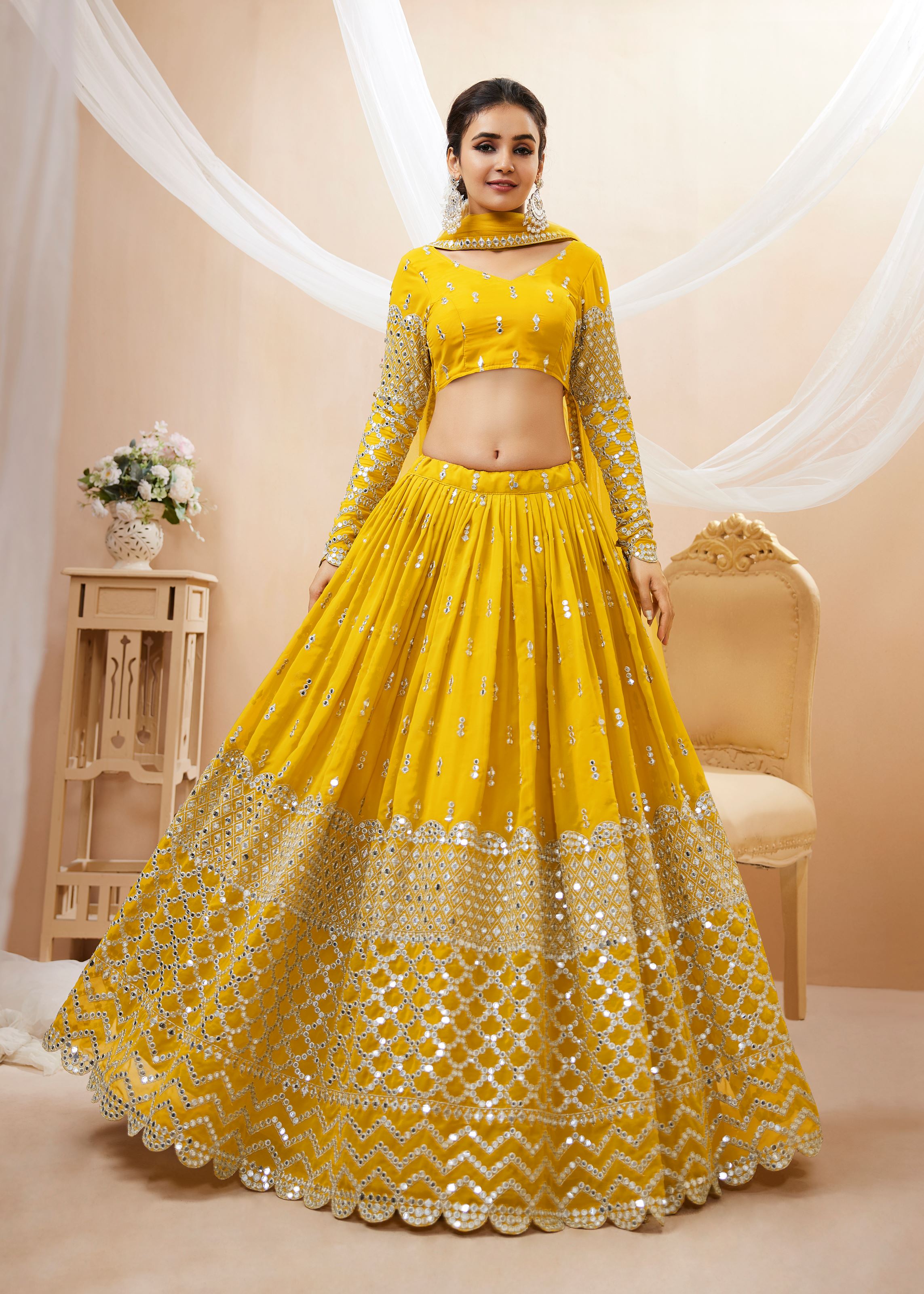Yellow Georgette Lehenga Choli With Sequins Zari Embroidered Work
