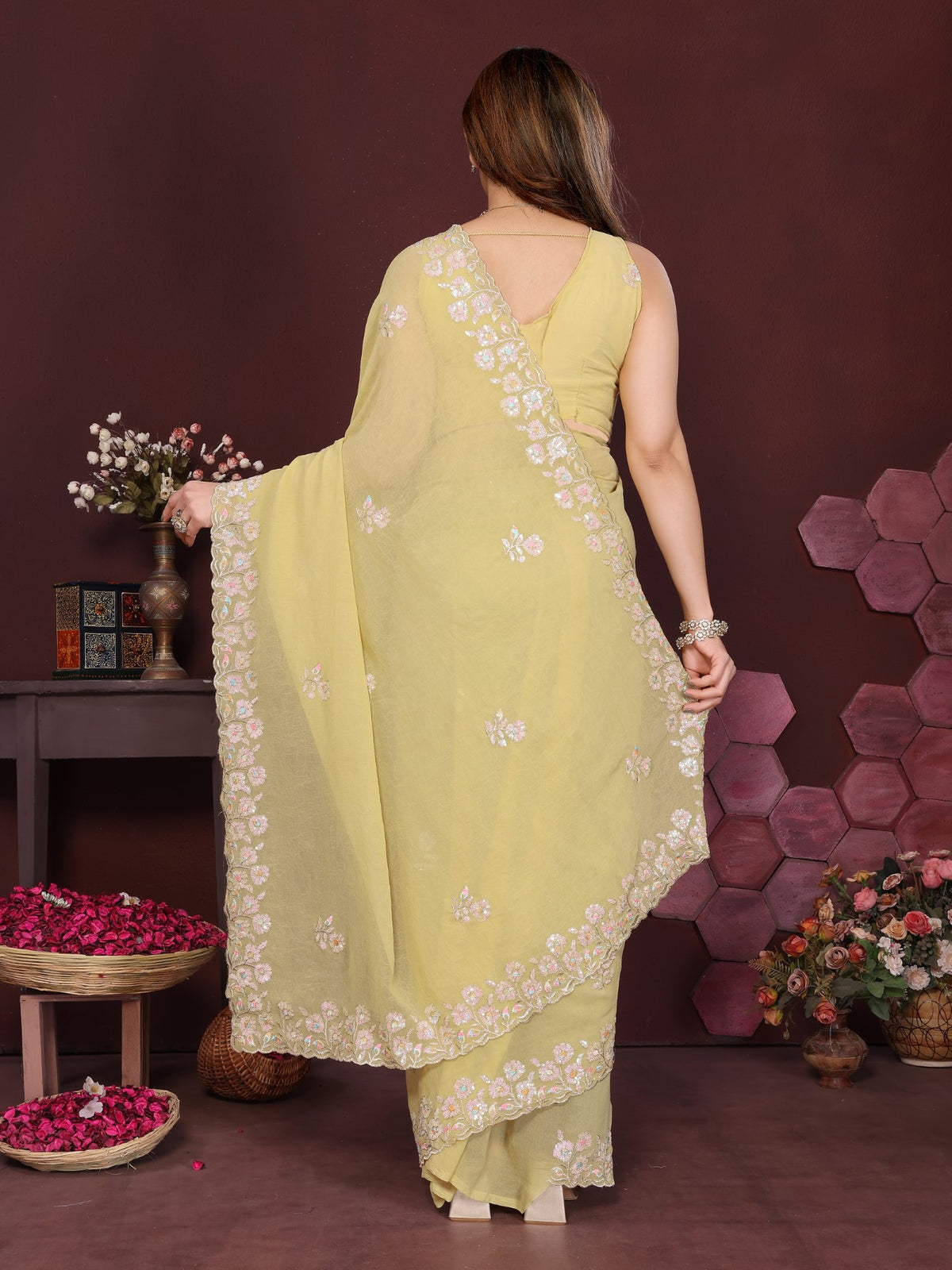 Yellow Georgette Saree With Embroidery Work And Designer Blouse