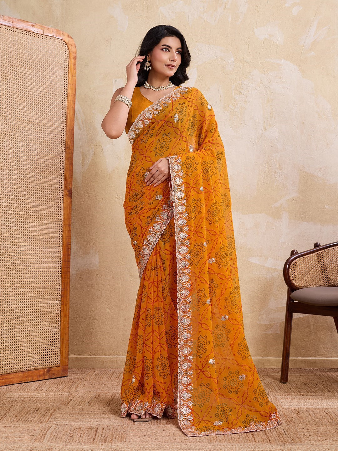Yellow Georgette Saree With Printed Classic Elegant Saree
