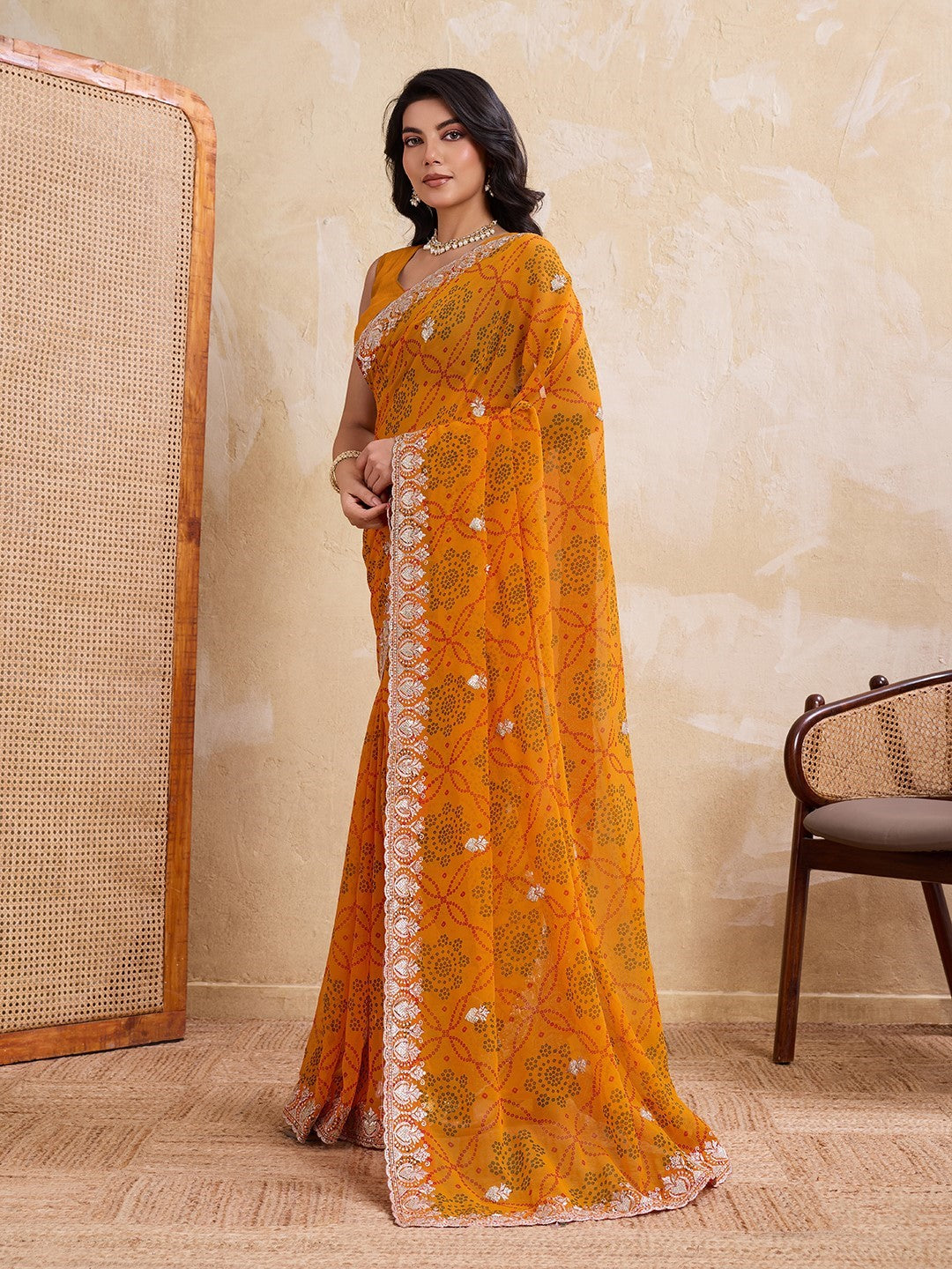 Yellow Georgette Saree With Printed Classic Elegant Saree