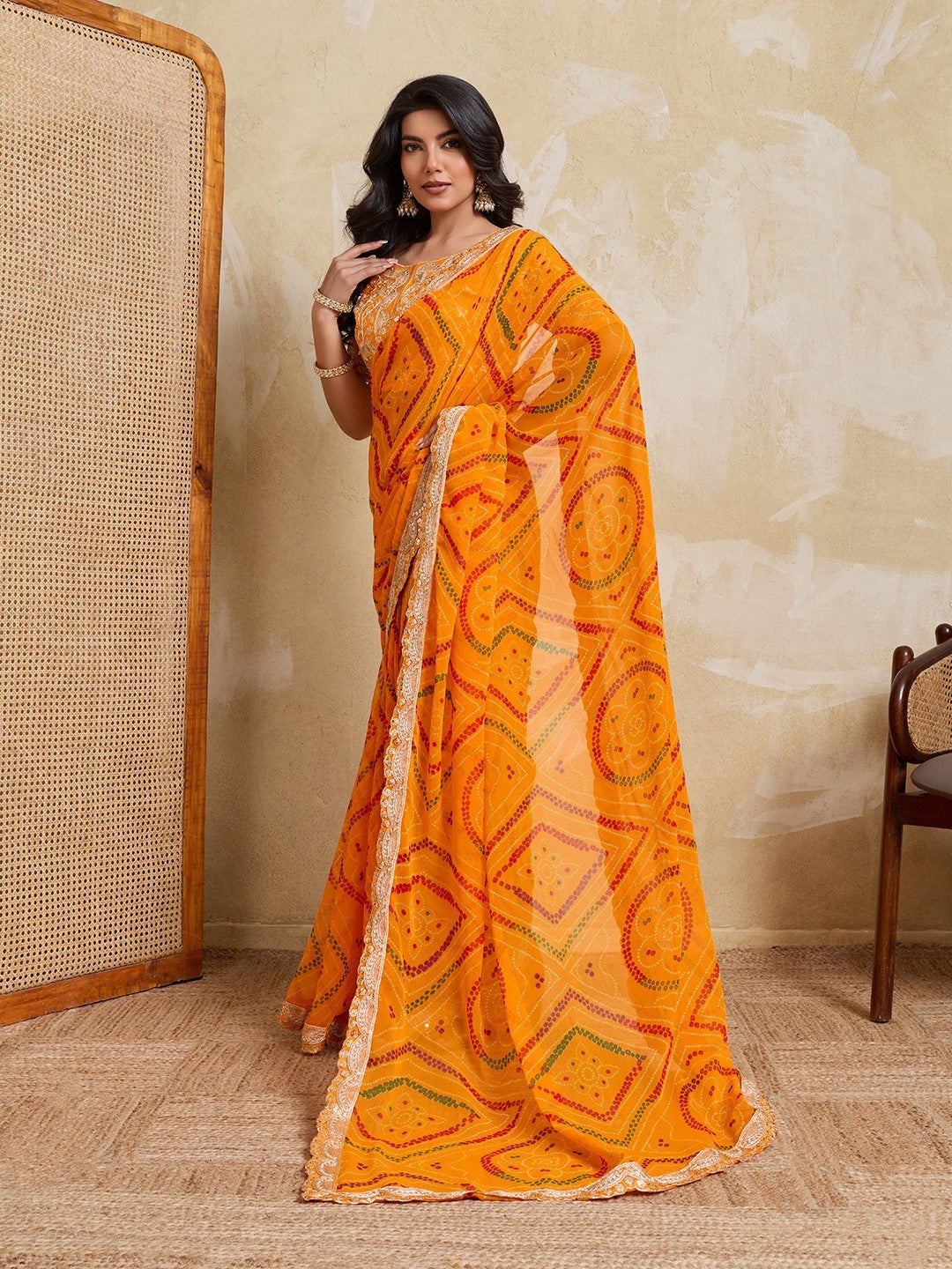 Yellow Georgette Saree With Printed Festive Traditional Saree