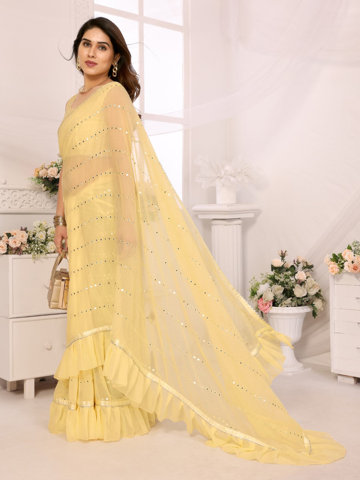Yellow Georgette Saree With Ruffle Saree With Mirror Work With Mirror Work Blouse