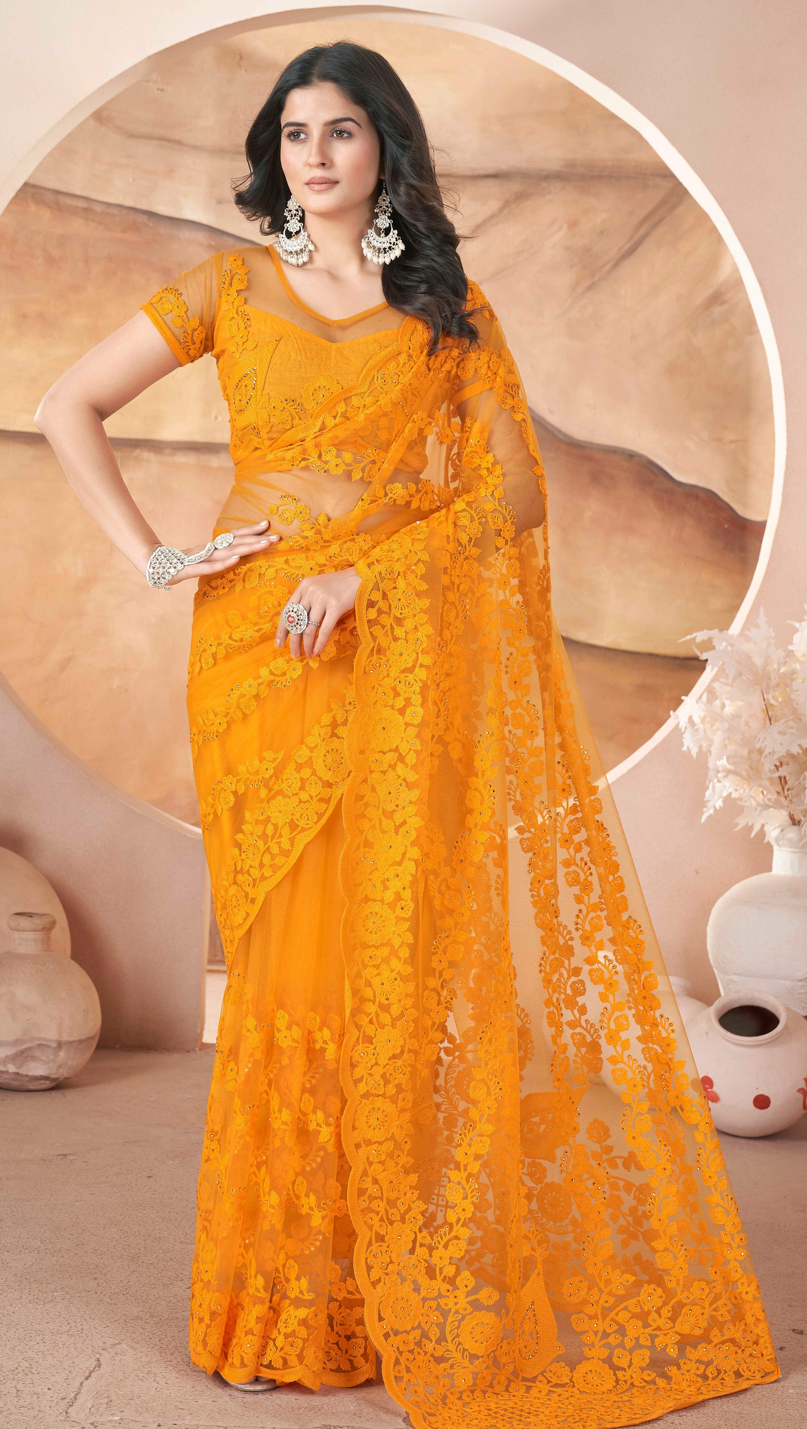 Yellow Girlie Butterfly Net Tone To Tone Thread Embroidery With Stone Work Saree