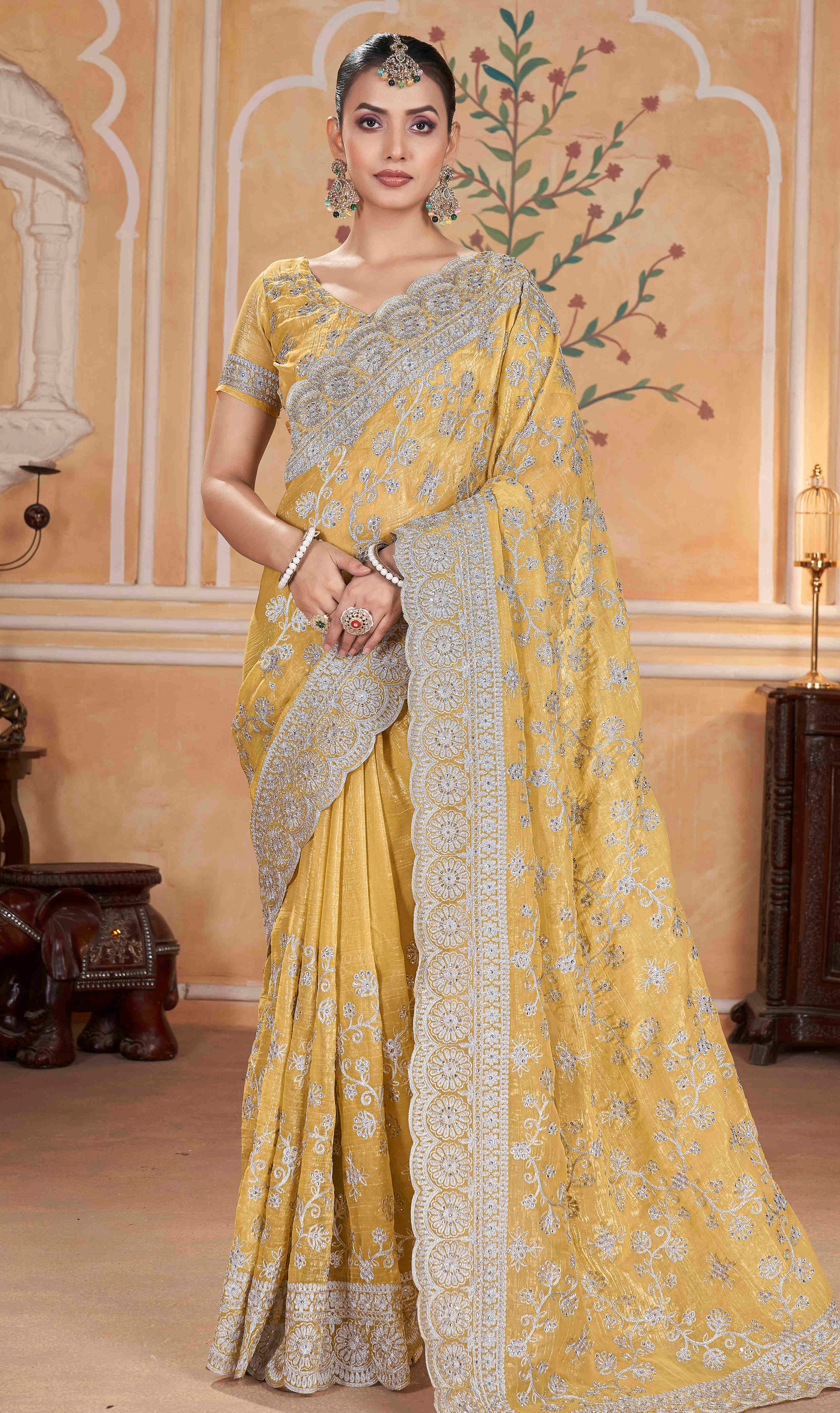 Yellow Gold Crunchy Ceremonial Saree With Heavy Partywear Looks
