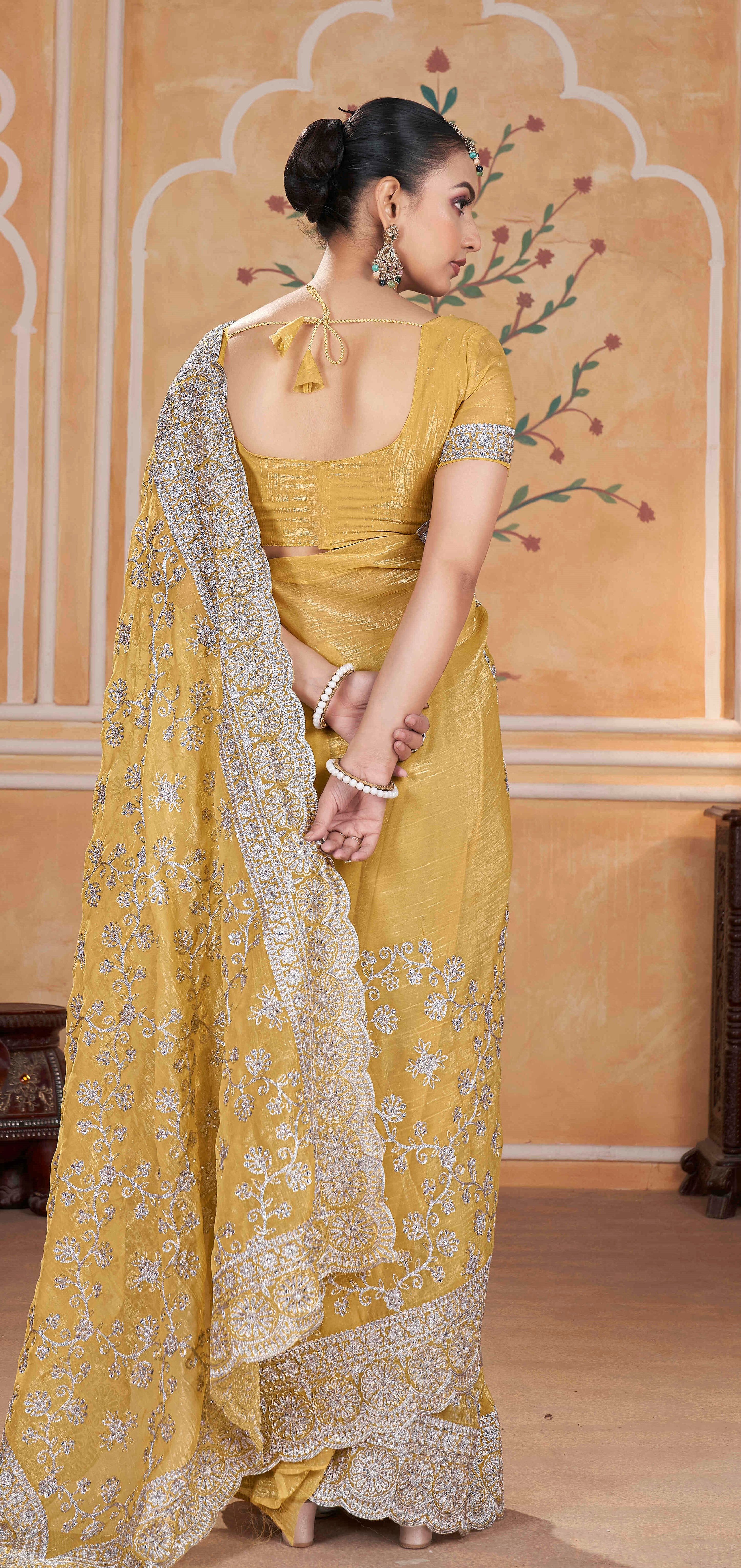 Yellow Gold Crunchy Ceremonial Saree With Heavy Partywear Looks