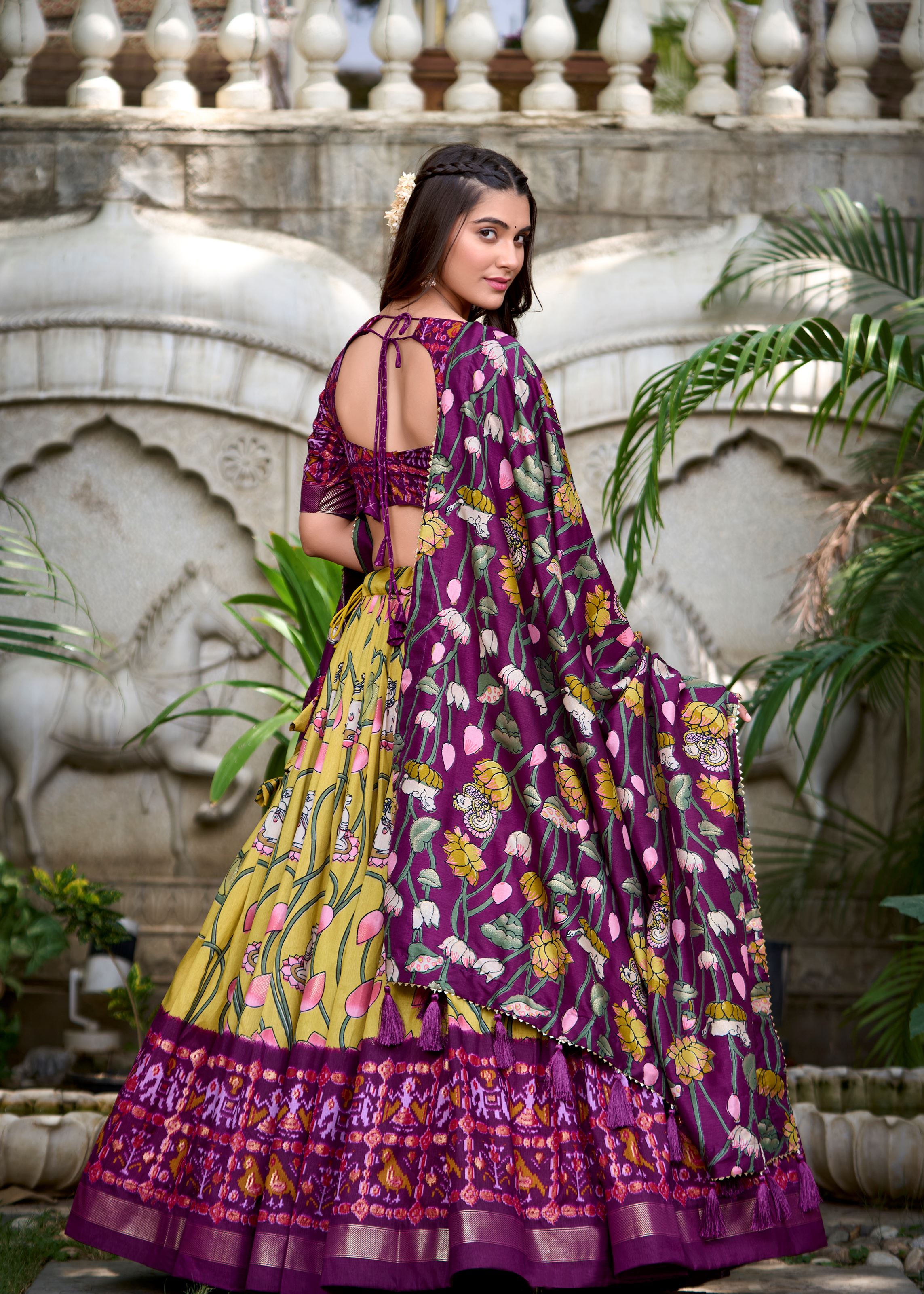 Yellow Grace Tussar Silk Patola Print Lehenga
