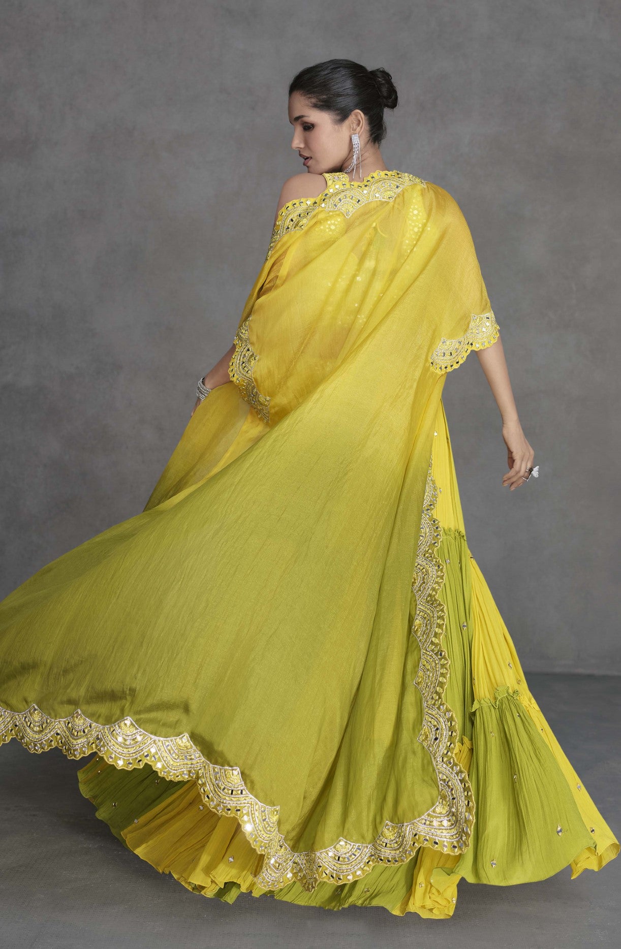 Yellow Green Georgette Lehenga Choli With Mirror Work Jacket