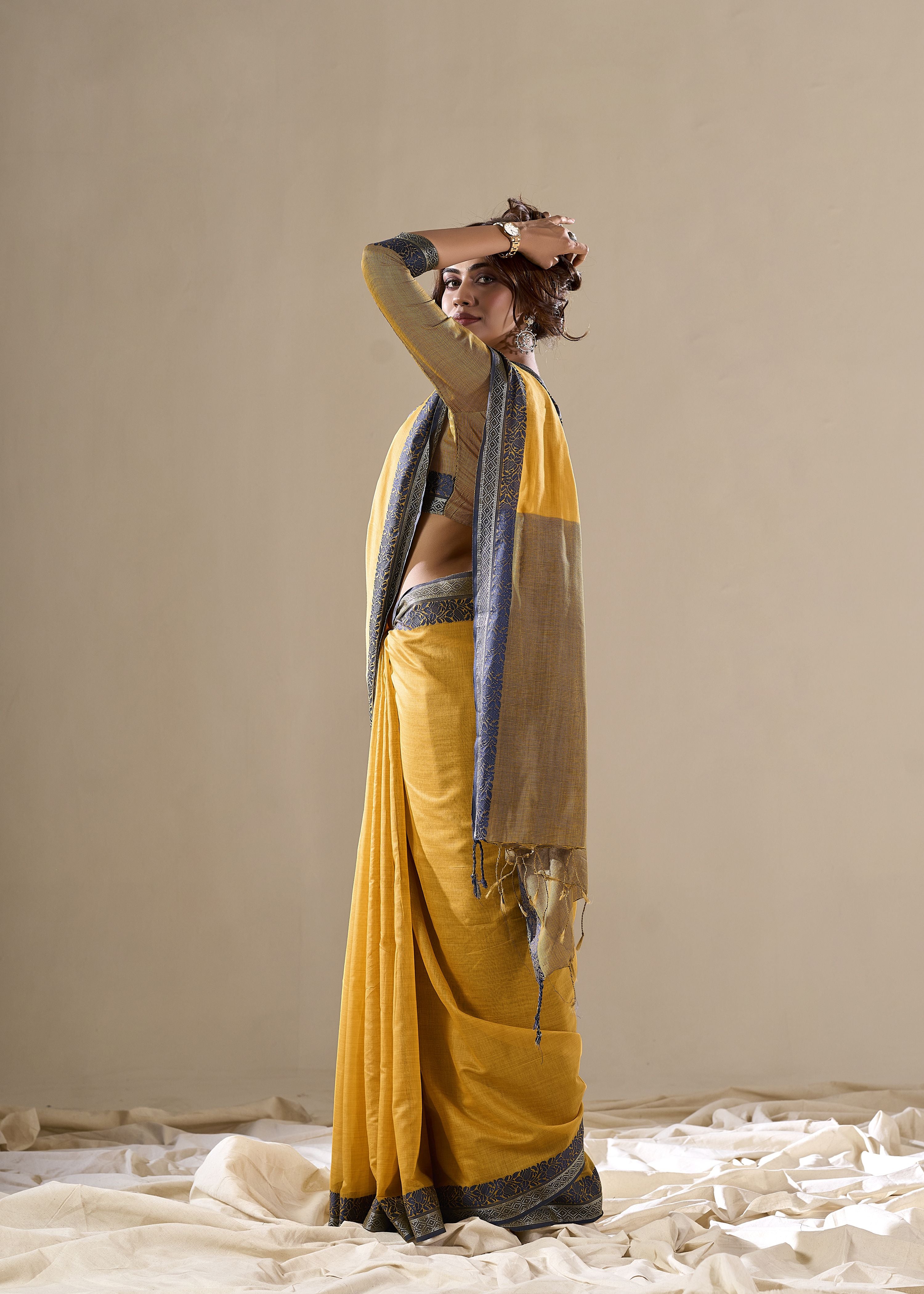 Yellow Handloom Silk Woven Pallu Border Designer Ethnic Traditional Saree