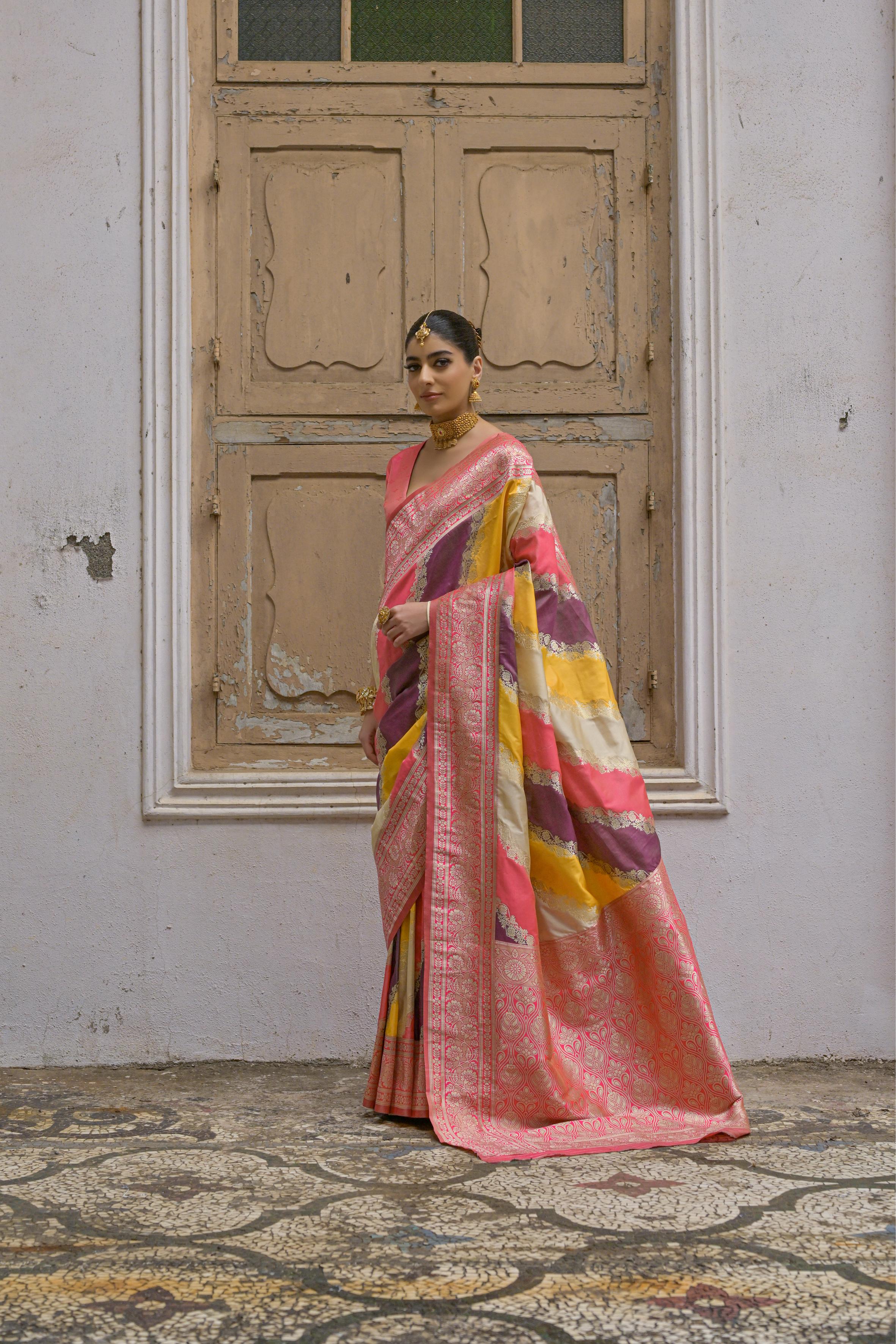 Yellow Handloom Woven Kadwa Style Designer Banarasi Silk Saree