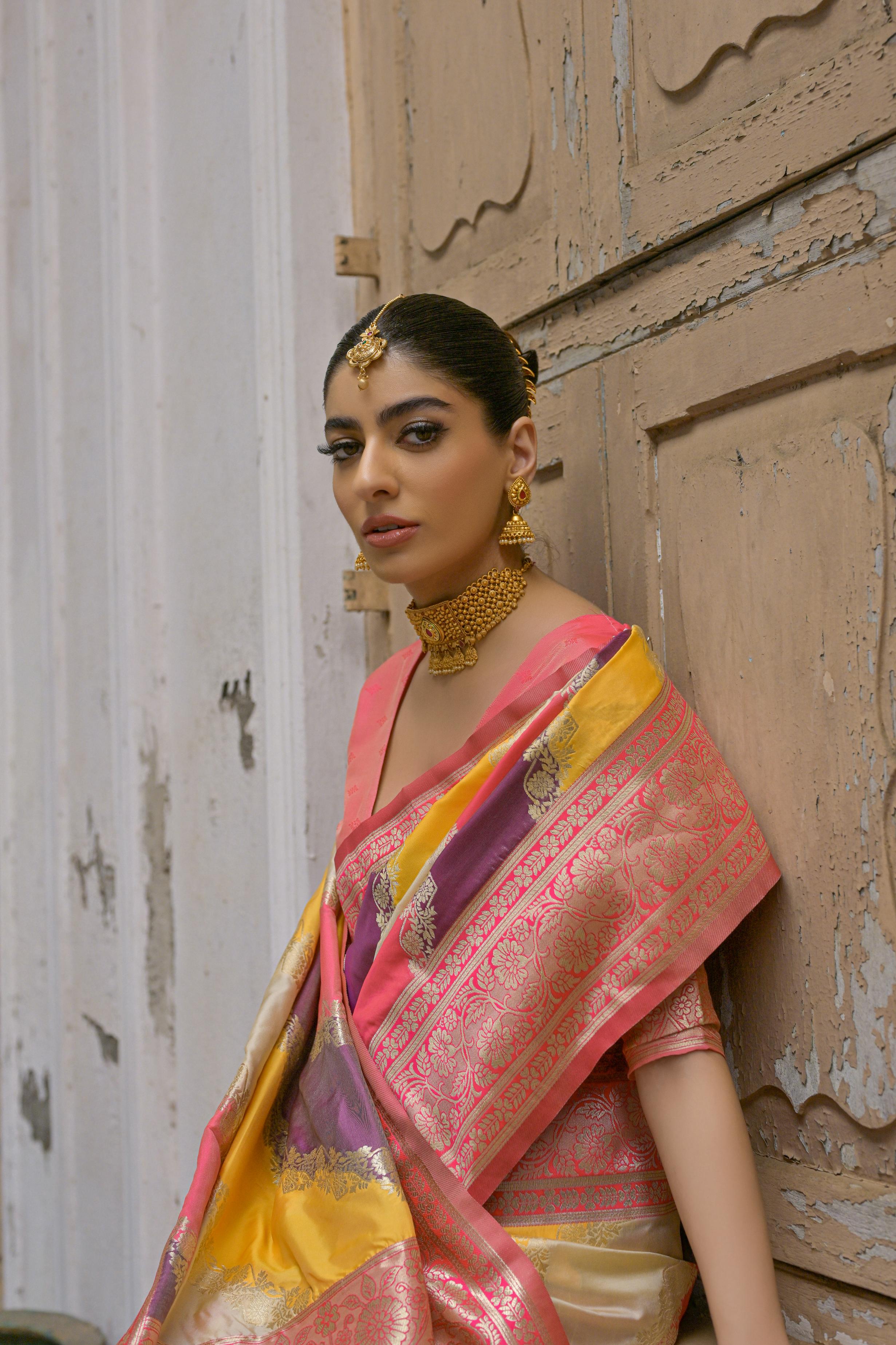 Yellow Handloom Woven Kadwa Style Designer Banarasi Silk Saree