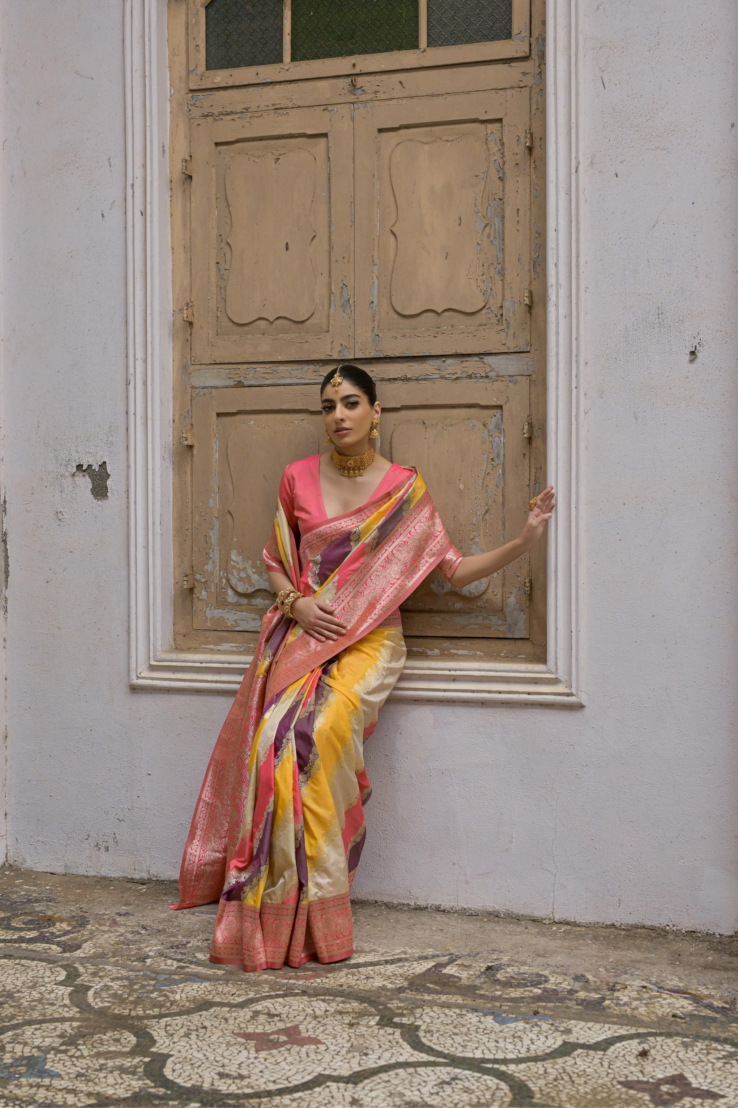 Yellow Handloom Woven Kadwa Style Designer Banarasi Silk Saree
