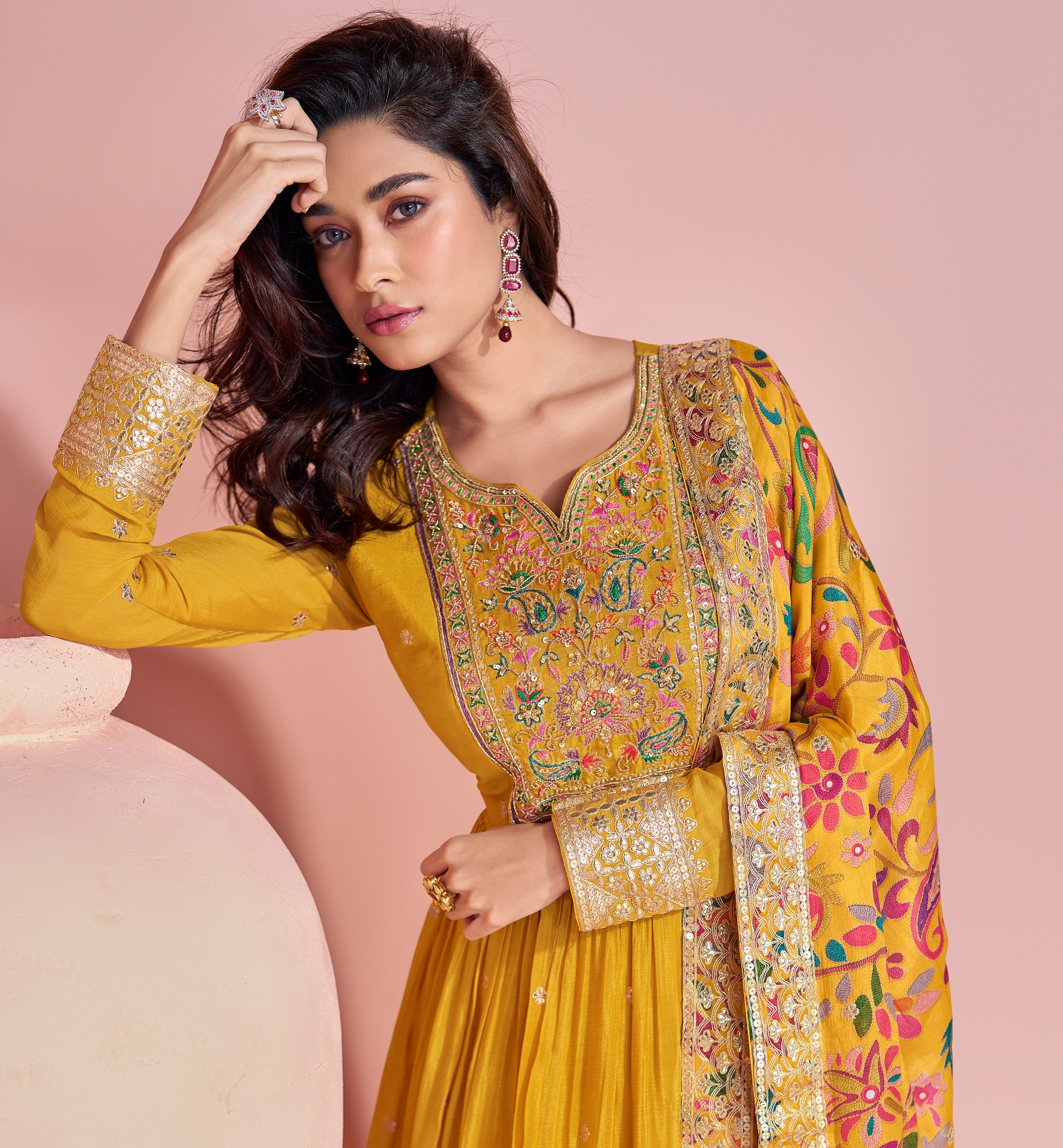 Yellow Heavy Designer Suit With Heavy Embroidery Work