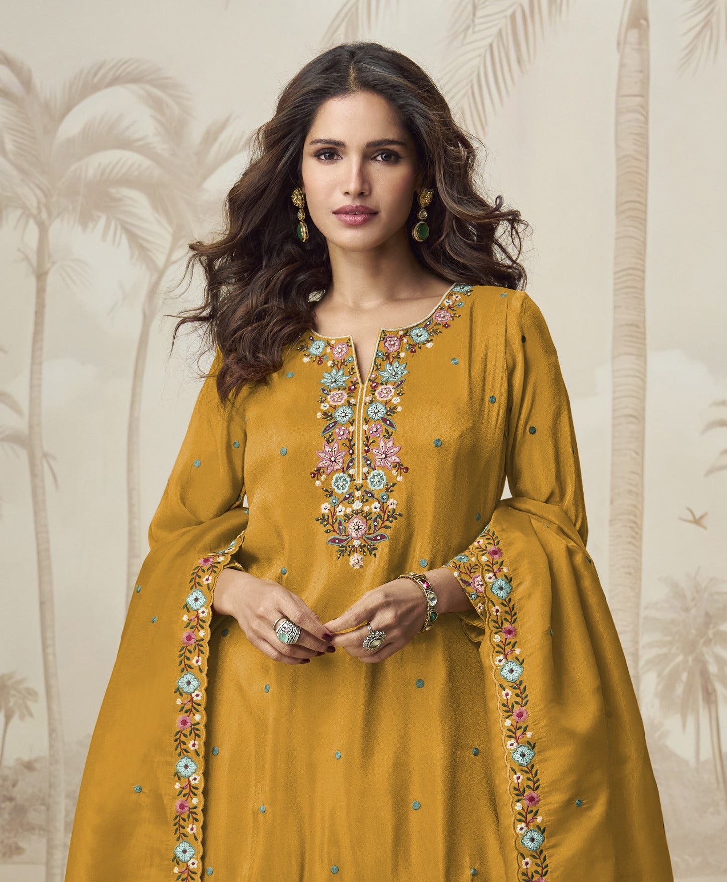 Yellow Heavy Designer Suit With Heavy Embroidery Work